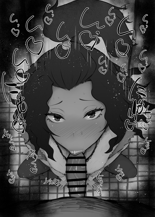 :>=, 1boy, 1girls, 2023, age difference, bar censor, big penis, black and white, blush, breasts, censored, dark skin, dark-skinned female, dark-skinned male, detailed background, drooling, eyelashes, fellatio, female, heart, human, indoor, inside, jigokuraku, kurotama, long hair, looking at viewer, male, male pov, nurugai, oral, oral sex, penis, ponytail, pov, room, saliva, shiny, shiny skin, shounen jump, sketch, small breasts, sound effects, squatting, sweat, text, tied hair, tongue, tongue out, vein, veins, veiny, veiny penis