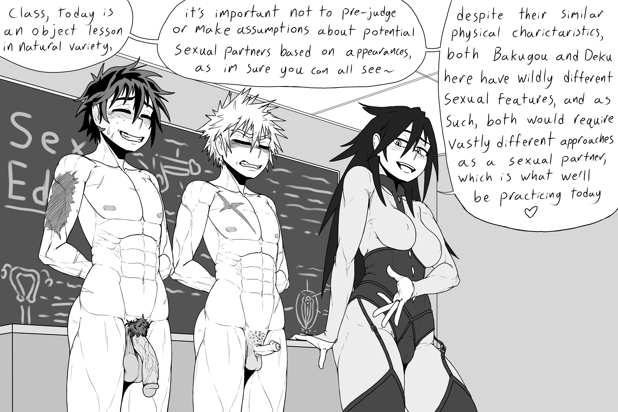 1girls, 2boys, balls, big balls, big penis, black and white, blackboard, bondage gear, classroom, clothed female nude male, dark penis, detailed background, dialogue, embarrassed, embarrassed nude exposure, embarrassed nude male, female, femdom, foreskin, freckles on face, izuku midoriya, katsuki bakugou, kiahl, lobsterkiahl, male, malesub, midnight (my hero academia), muscular, muscular male, my hero academia, nemuri kayama, netorare, ntr, older female, penis, penis size comparison, penis size difference, pubic hair, scar, scars, sex ed, sex education, shounen jump, small balls, small penis, small penis humiliation, teacher and student, uncircumcised