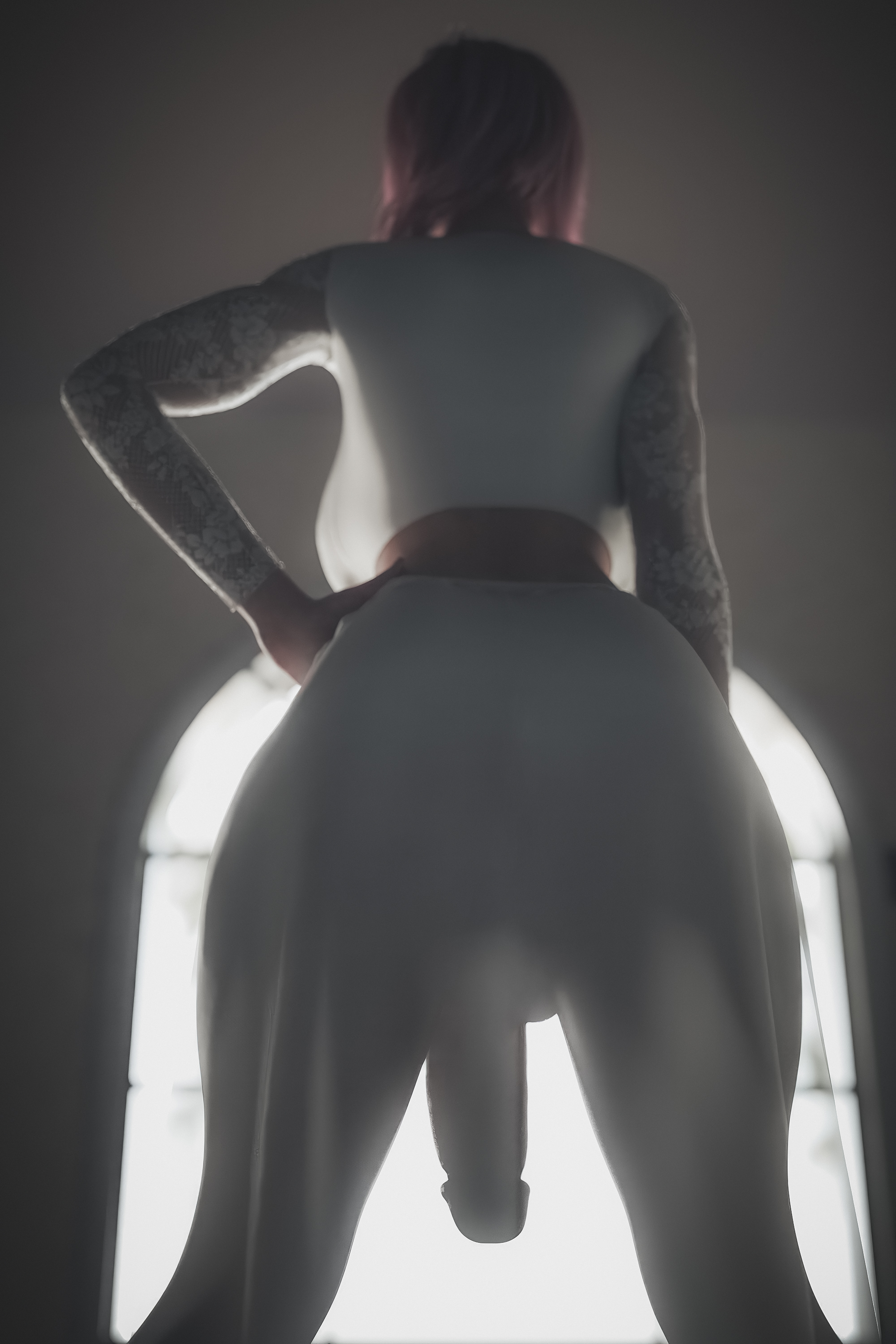 1futa, 3d, backboob, big breasts, big penis, breasts, clothed, eclair farron, final fantasy, final fantasy xiii, flaccid, from behind, futa only, futanari, hi res, highres, hourglass figure, indoors, ineffective clothing, intersex, low-angle view, penis, penis under clothes, see-through, solo, standing, stevencarson, thick thighs, wide hips