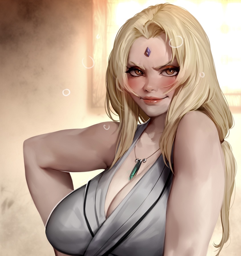 1girls areolae big_breasts blush breasts brown_eyes close-up drunk female female_only forehead_jewel fully_clothed large_breasts lerapi looking_at_viewer naruto solo tsunade wasted