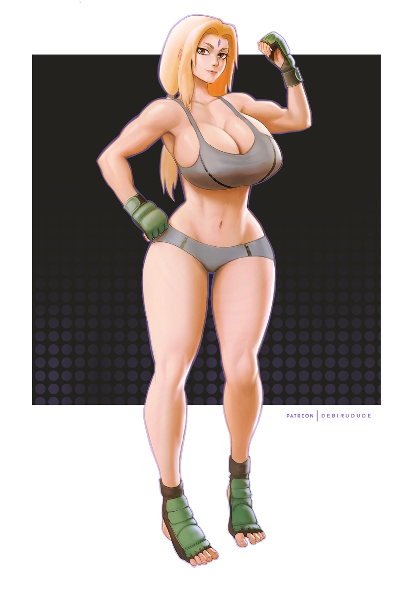 abs big_breasts blonde_hair breasts busty cleavage debirudude facial_mark female female_only forehead_mark huge_breasts long_hair looking_at_viewer makeup mature mature_female mature_woman mma_gloves muscular muscular_female naruto naruto_(series) naruto_shippuden solo solo_focus sports_bikini sports_bra toned toned_female tsunade voluptuous