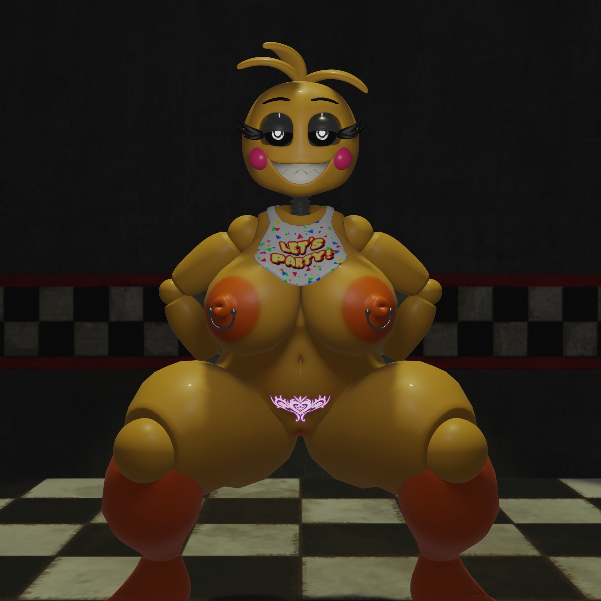 1girls, 3d, 3d (artwork), areolae, bib, big breasts, breasts, female, female only, five nights at freddy's, five nights at freddy's 2, hi res, lovetaste chica, nipple piercing, nipples, piercing, pussy, scottgames, solo, thick thighs, toy chica (fnaf), toy chica (love taste), vxast, wide hips
