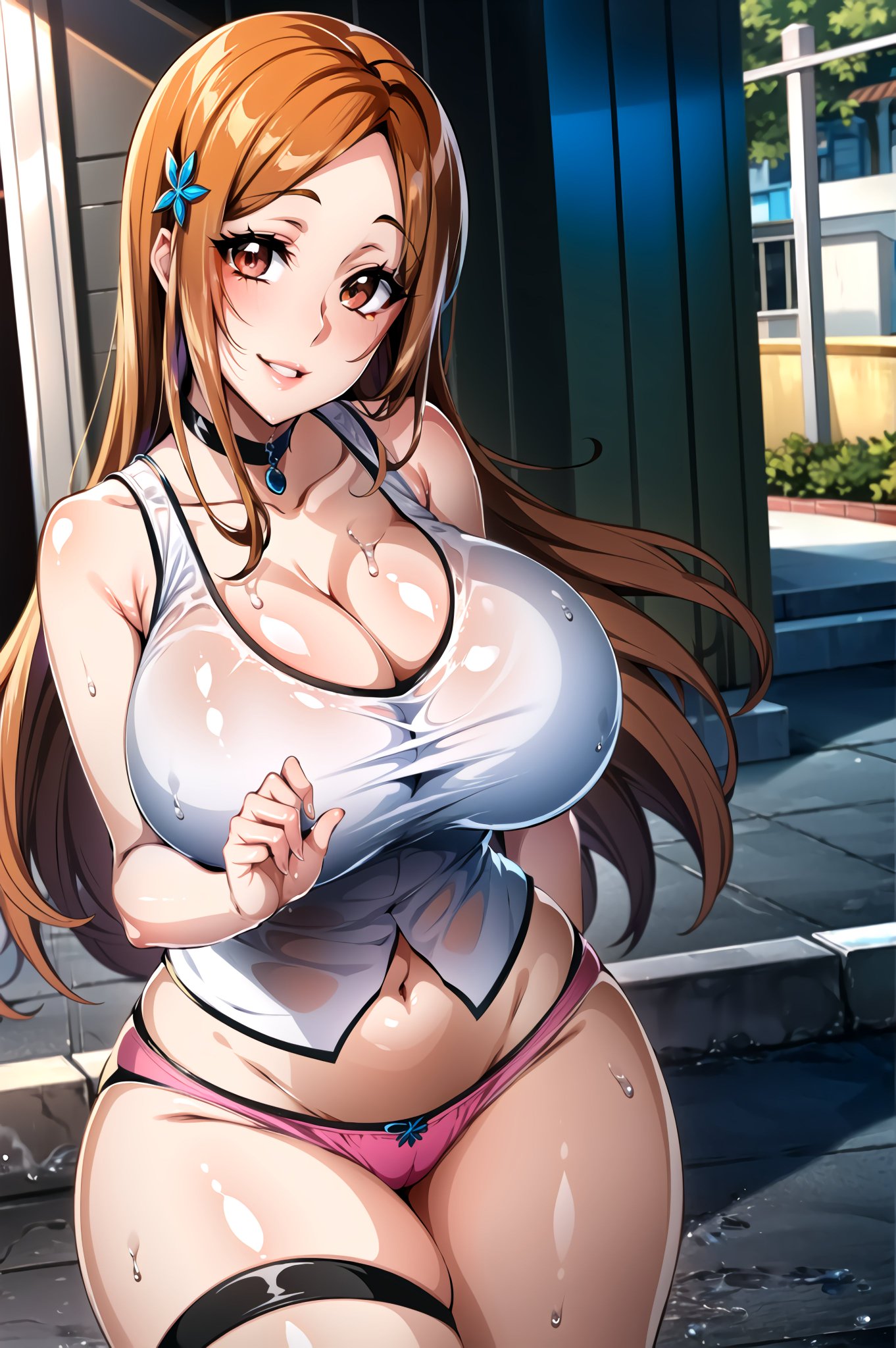 1girls, ai generated, black choker, bleach, breasts, cleavage, curvaceous, curvy female, curvy figure, female, female only, hair ornament, huge breasts, inoue orihime, large breasts, light skin, light-skinned female, long hair, looking at viewer, mommy, no pants, orange eyes, orange hair, panties, pink panties, see-through clothing, solo, stable diffusion, standing, stretched clothing, tank top, thick thighs, voluptuous, voluptuous female, wet body, wet clothing, wet skin, white shirt