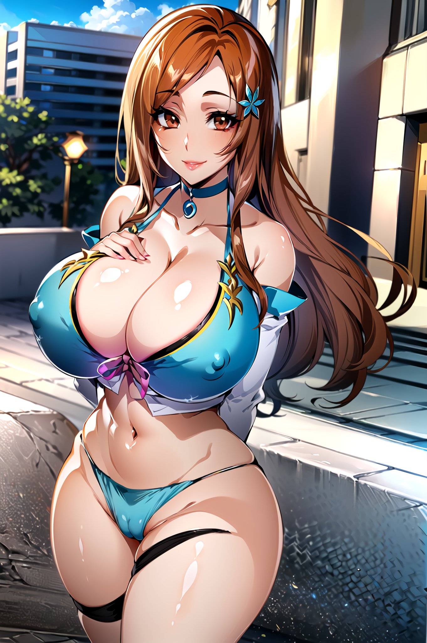 1girls, ai generated, bleach, breasts, erect nipples, female, female only, huge breasts, inoue orihime, long hair, mommy, nipple bulge, nipples, nipples visible through clothing, orange hair, panties, seductive look, solo, stable diffusion, voluptuous female