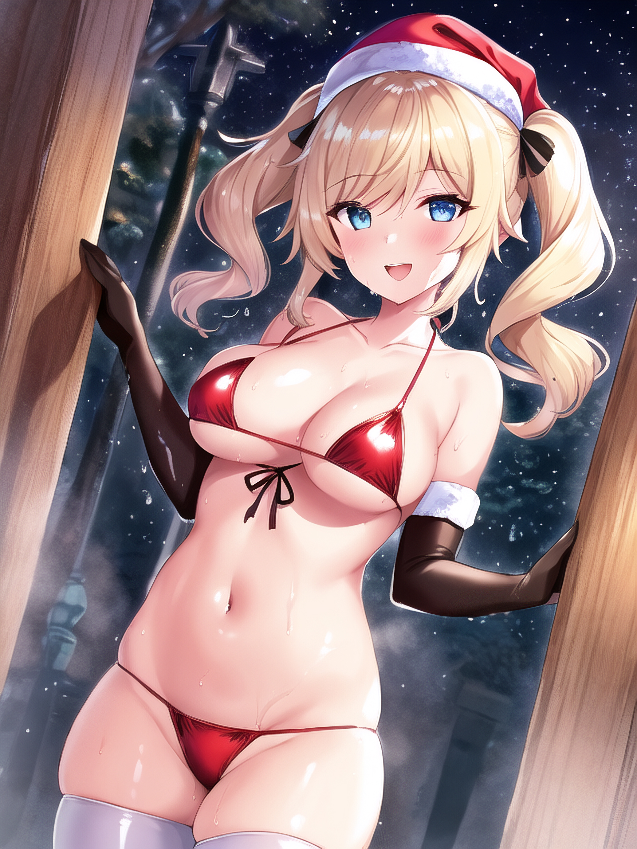 1girls, ai generated, barbara (genshin impact), bikini, bikini bottom, bikini top, blonde hair, blue eyes, breasts, christmas, cleavage, elbow gloves, female, genshin impact, gloves, medium breasts, micro bikini, nai diffusion, navel, nun, open mouth, smile, snow, thick thighs, thighhighs, twintails, unajyu, white legwear