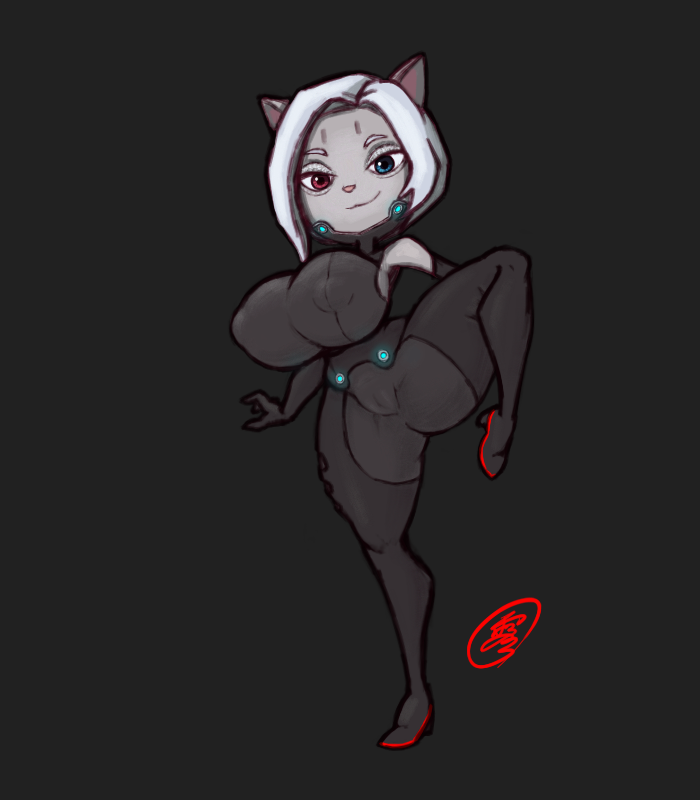 2020 artist_signature big_breasts black_background black_bodysuit blue_eyes bodysuit cat_ears cat_face cat_humanoid cat_nose furry furry_only gloves glowing_markings gray_hair grey_eyebrows grey_hair heels heterochromia high_heels kichatundk long_gloves looking_at_viewer pussy pussy_visible_through_clothes red_eyes rema_(running_man) running_man running_man_animation short_hair shortstack sidus_animation simple_background smirk smirking spread_legs standing standing_on_one_leg thick_thighs white_eyebrows white_hair