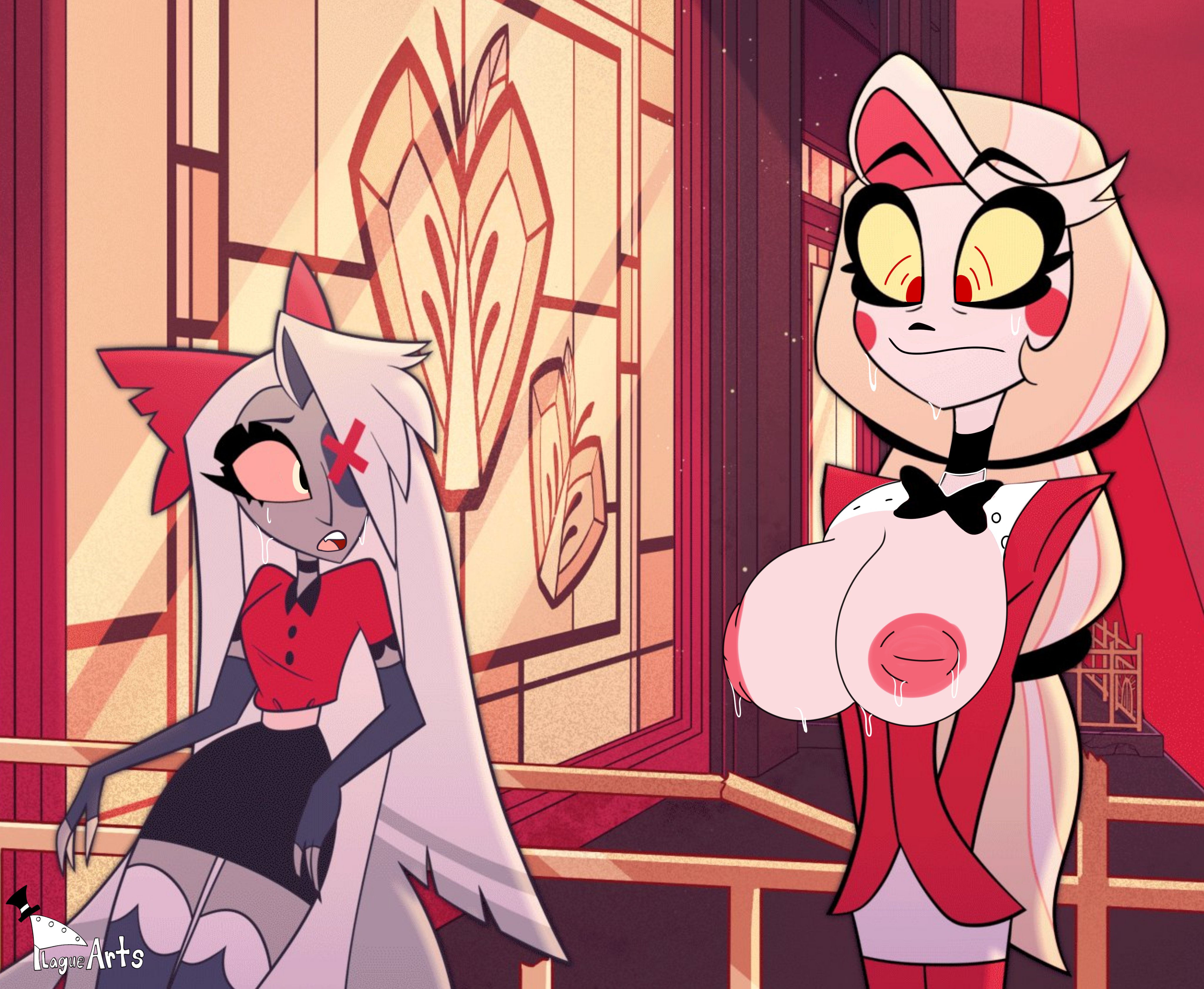 2girls, big breasts, breasts, breasts exposed, charlie morningstar (hazbin hotel), demon, edit, female, hazbin hotel, multiple females, multiple girls, screencap, screenshot, screenshot edit, theplagueart, topless, topless female, vaggie (hazbin hotel)