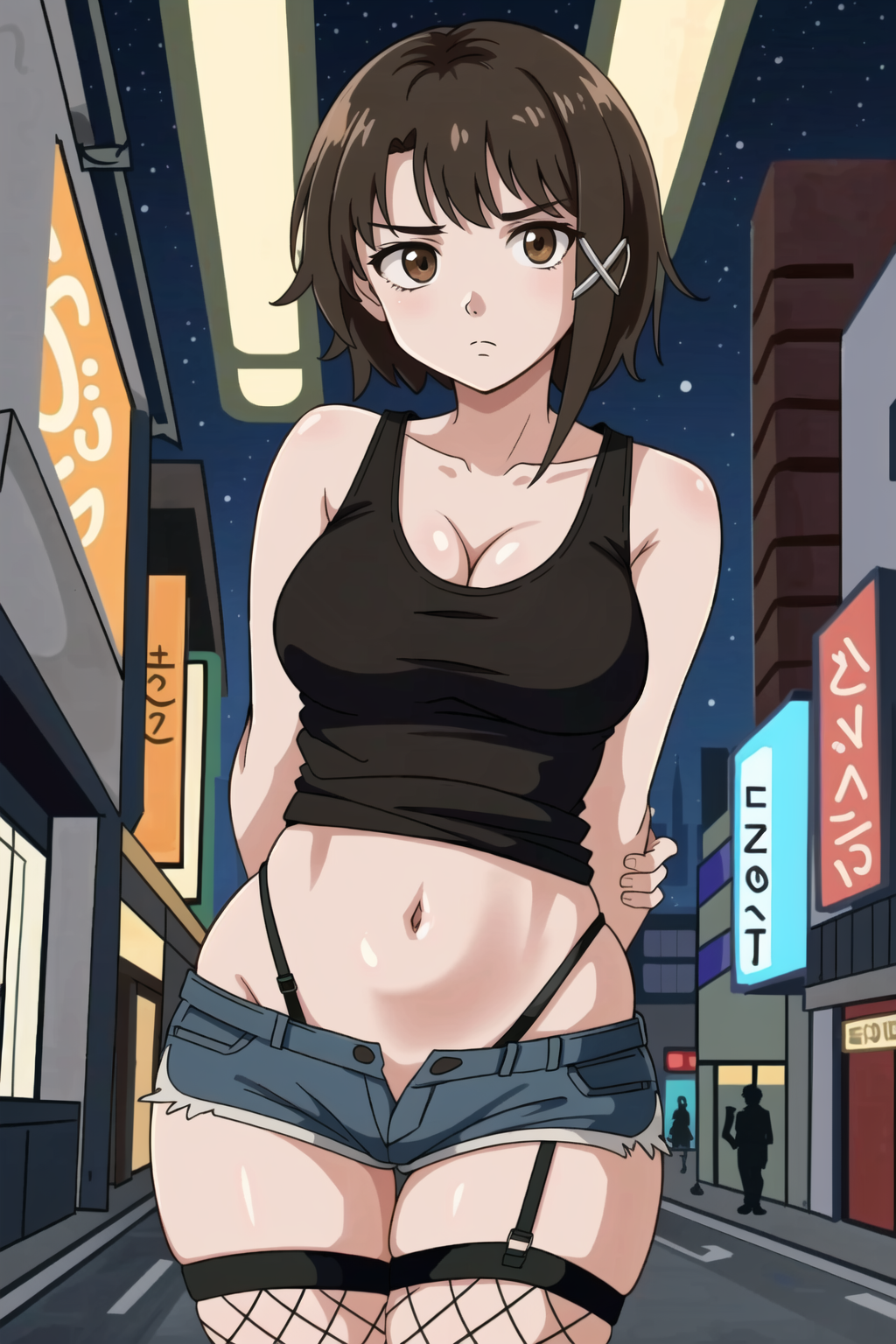 1girls ai_generated arms_behind_back bangs black_topwear booty_shorts brown_eyes brown_hair city city_background denim_shorts female fishnet_legwear fishnet_stockings fishnet_thighhighs fishnets gardener_ai hands_behind_back jean_shorts lain_iwakura legwear looking_at_viewer panty_straps revealing_clothes serial_experiments_lain short_hair shorts skimpy solo_focus stable_diffusion straps string_panties tank_top thick_thighs thighhighs thong tomboy