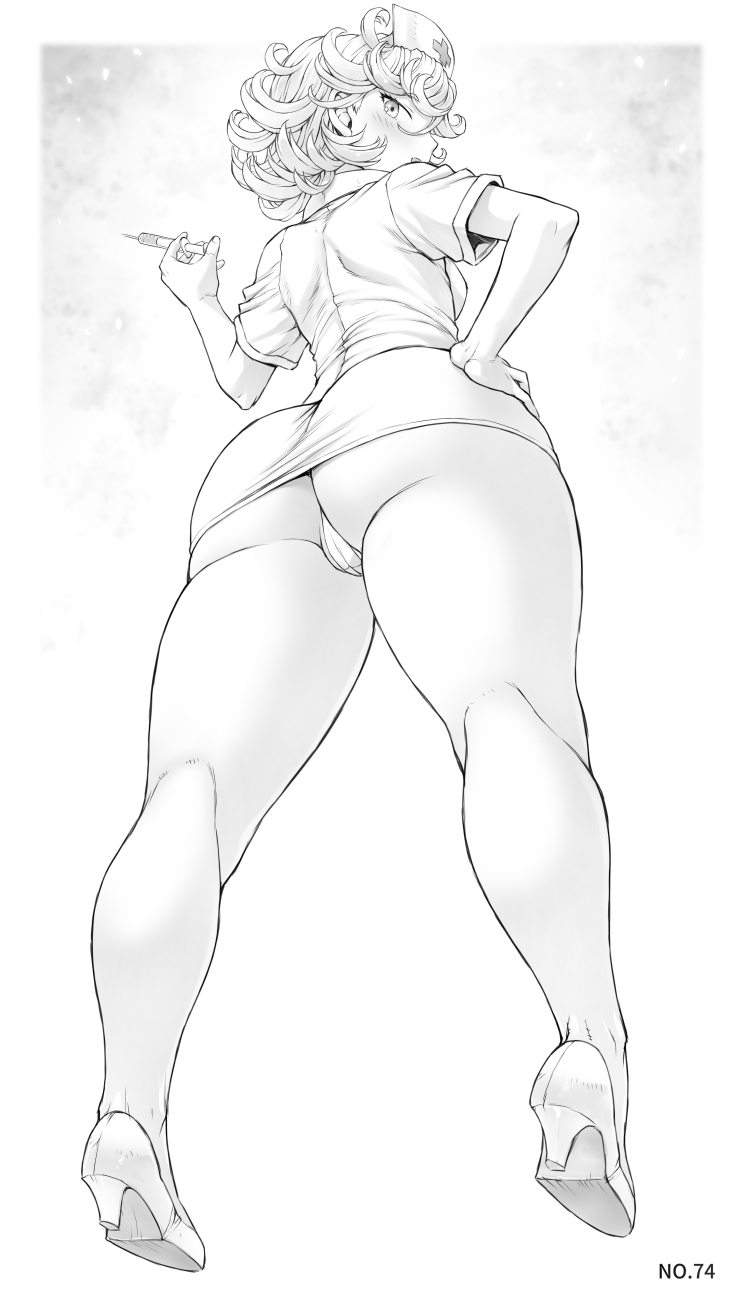 1girls, 2023, ass, blush, breasts, cameltoe, female, female only, footwear, high heels, long legs, looking at viewer, looking back, mogudan, monochrome, nurse, nurse uniform, one-punch man, open mouth, panties, pussy, short hair, simple background, skin tight, small breasts, solo, syringe, tatsumaki, thick thighs, thighs, upskirt, wide hips