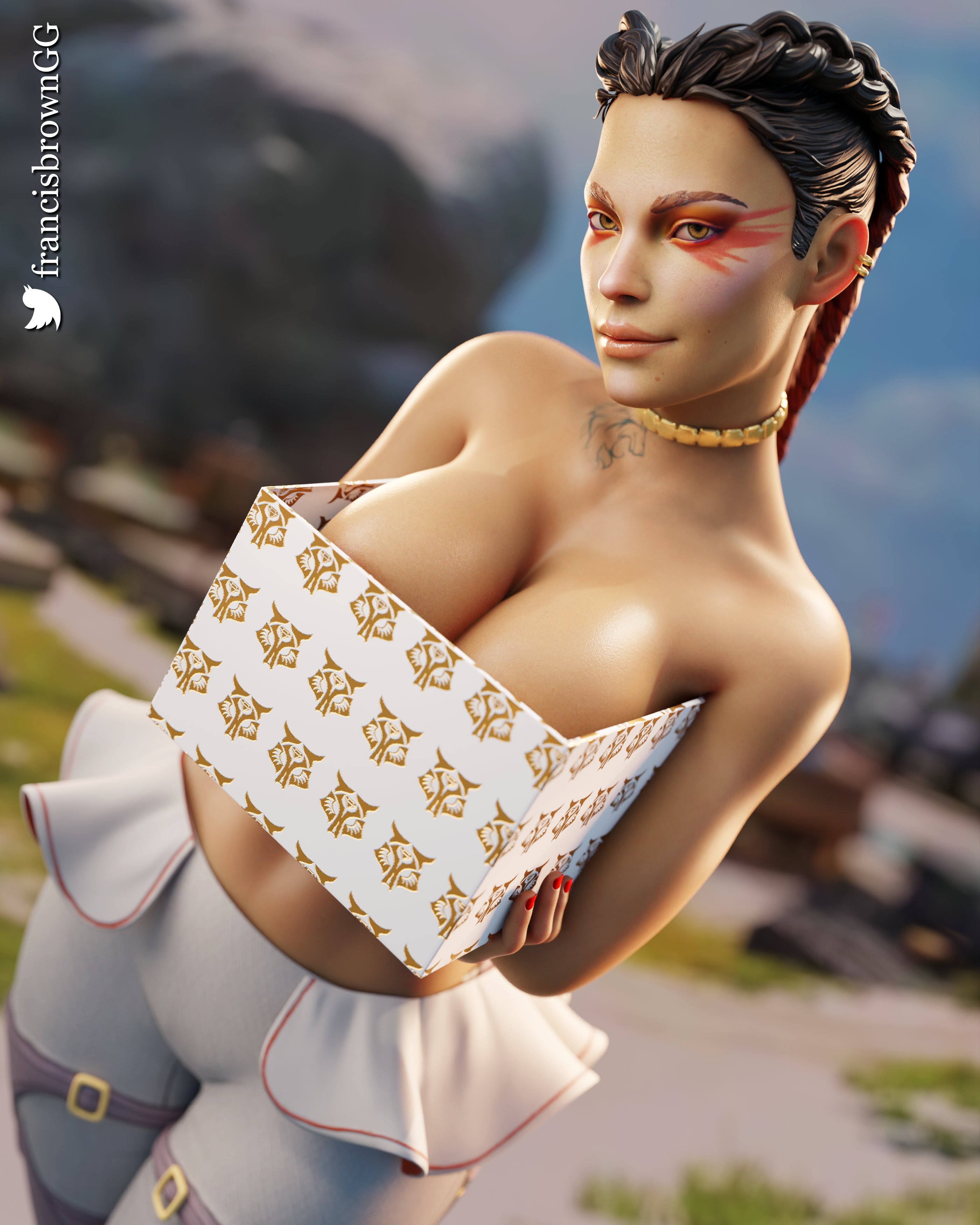 1girls, 3d, alternate version available, apex legends, athletic, athletic female, big breasts, black hair, blender, braided hair, braided twintails, brazilian, breasts, brown eyes, brown hair, brown skin, brown-skinned female, dark skin, dark-skinned female, electronic arts, eyeliner, female, female only, francis brown, helix piercing, large breasts, latina, loba (apex legends), petite, present, red eyeshadow, red hair, red lipstick, respawn entertainment, seductive eyes, seductive look, seductive mouth, solo, tattoo, twintails, two-tone hair, yellow eyes
