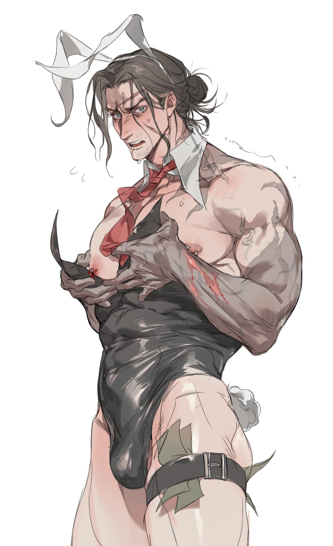 34am blood blush bulge bunny_boy bunny_ears bunny_tail bunnysuit burn_scar crossdressing dark_hair detached_collar embarrassed facial_hair facial_scar fromsoftware genichiro_ashina hair_bun looking_at_viewer male male_only male_playboy_bunny money muscular muscular_male necktie nipple_piercing scar scars sekiro:_shadows_die_twice stubble sweatdrop thigh_strap veiny_muscles