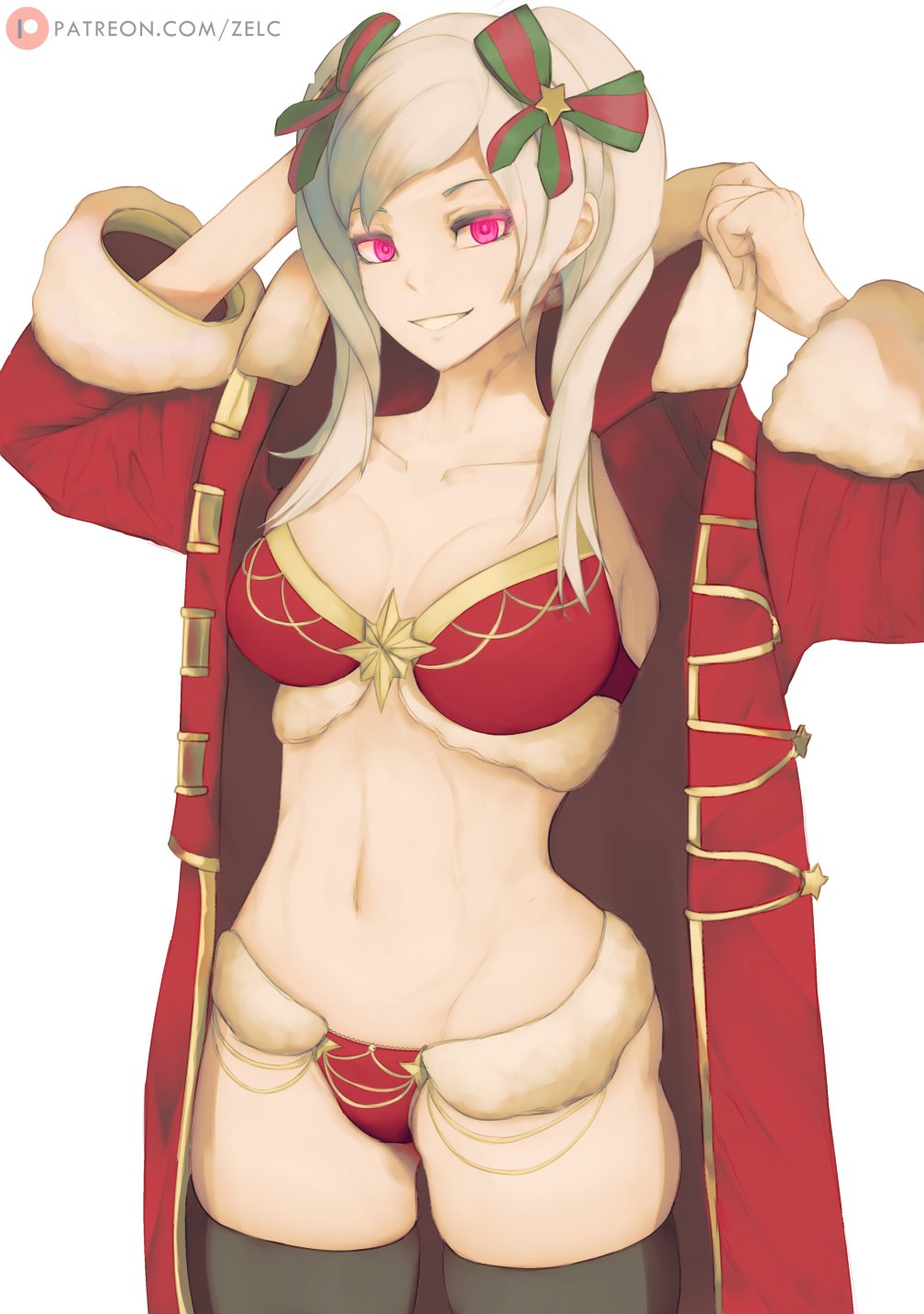 1girls alternate_costume bikini black_thighhighs breasts christmas christmas_ornaments cleavage dark_persona evil_smile female female_only fire_emblem fire_emblem_awakening fur-trimmed_bra fur-trimmed_panties fur_trim grima_(fire_emblem) grin hair_ornament happy_female highres hood long_hair long_sleeves looking_at_viewer medium_breasts navel nintendo open_mouth patreon_username possessed possession red_eyes robe robin_(fire_emblem) robin_(fire_emblem)_(female) santa_bikini skindentation smile solo swimsuit thighhighs twintails white_background white_hair zelc-face