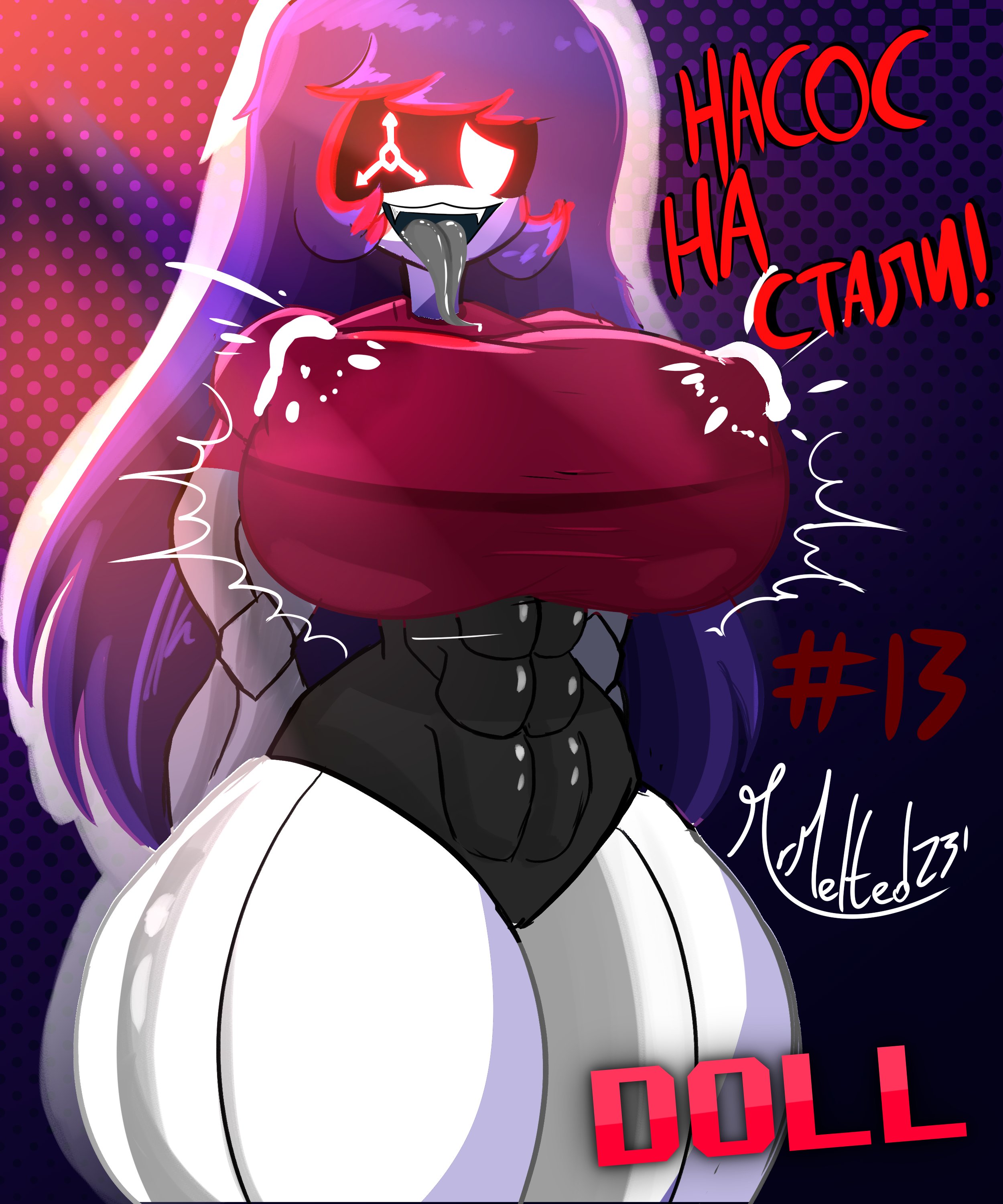 1girls, 2023, 2d, abs, big breasts, breasts, busty, doll (murder drones), female, female only, glitch productions, glowing, glowing eyes, huge breasts, lactating, lactation, large breasts, mrmelted, murder drones, open mouth, purple eyes, robot, robot girl, robot humanoid, russian text, solo, thick thighs, thunder thighs, tongue, tongue out, wide hips, worker drone