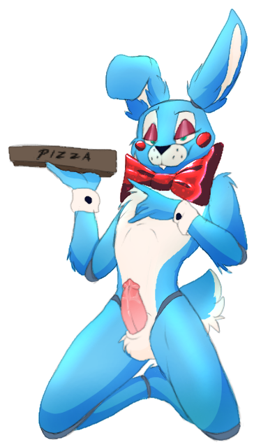 1boy 2d animatronic anthro blue_hair bunny_boy bunny_ears bunny_tail erection five_nights_at_freddy's fnaf looking_at_viewer male_only pizza_box rabbit smooth_skin solo_focus solo_male toy_bonnie toy_bonnie_(fnaf)