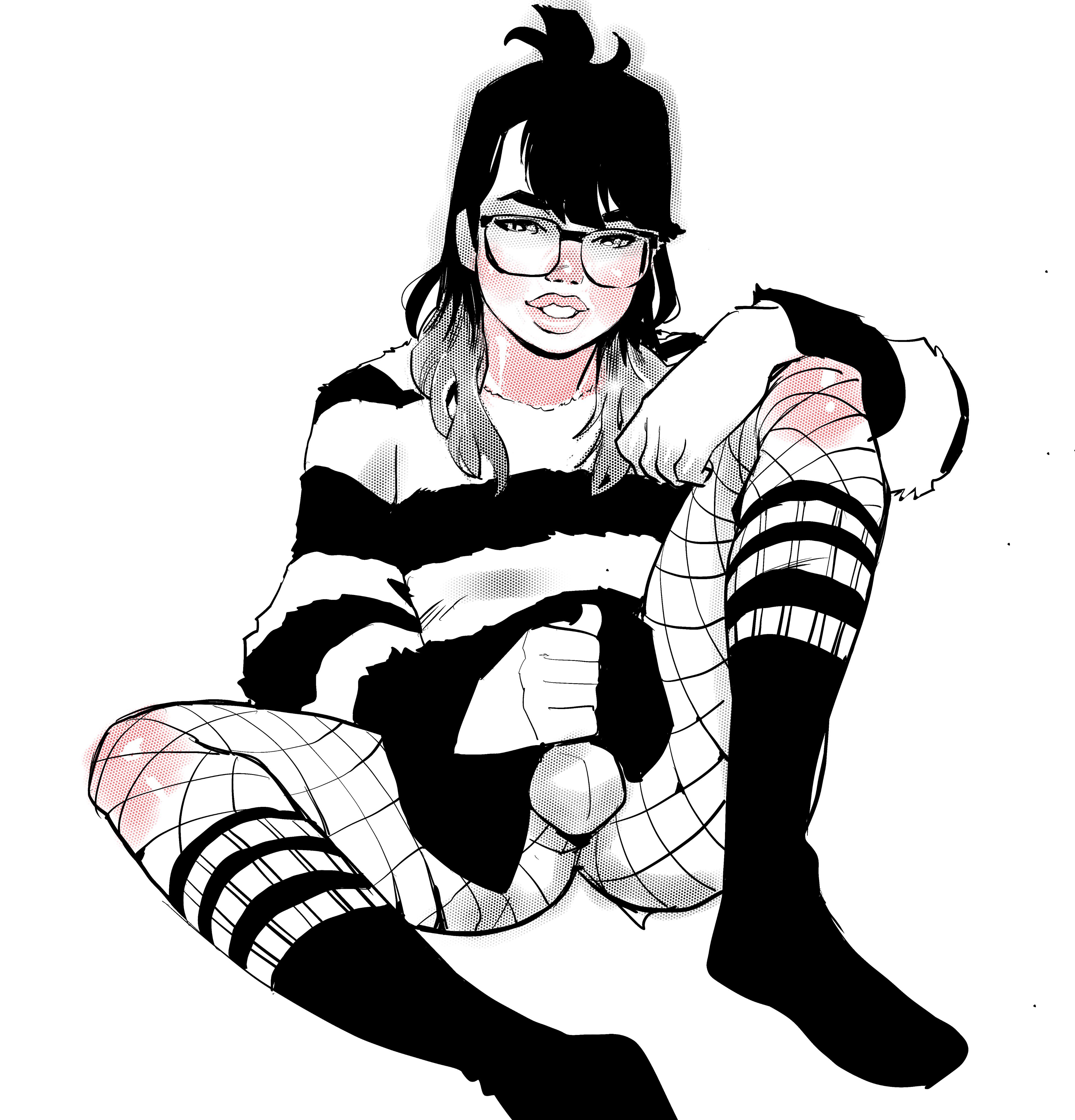 1boy, balls, black hair, crossdressing, femboy, fishnets, girly, glasses, handjob, jjfrenchie, lips, male, masturbation, sitting, sketch, solo, spot color, white background