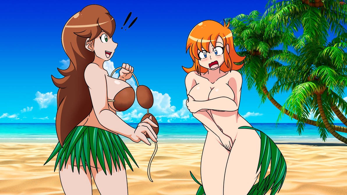 2d 2girls ass assisted_exposure bangs beach blue_eyes blush bra breasts brown_hair clothed_female_nude_female coconut_bra covered_nipples covering covering_breasts covering_crotch davidsillo123 day digital_media_(artwork) embarrassed embarrassed_nude_female enf eyelashes female female_only forced_exposure grass_skirt green_eyes hula hula_dancer hula_skirt long_hair monica_(monica_and_veronica) monica_and_veronica navel nude orange_hair outside palm_tree public public_exposure public_humiliation public_nudity sand seaside shoulder_length_hair skirt smile smiling veronica_(monica_and_veronica) wardrobe_malfunction water