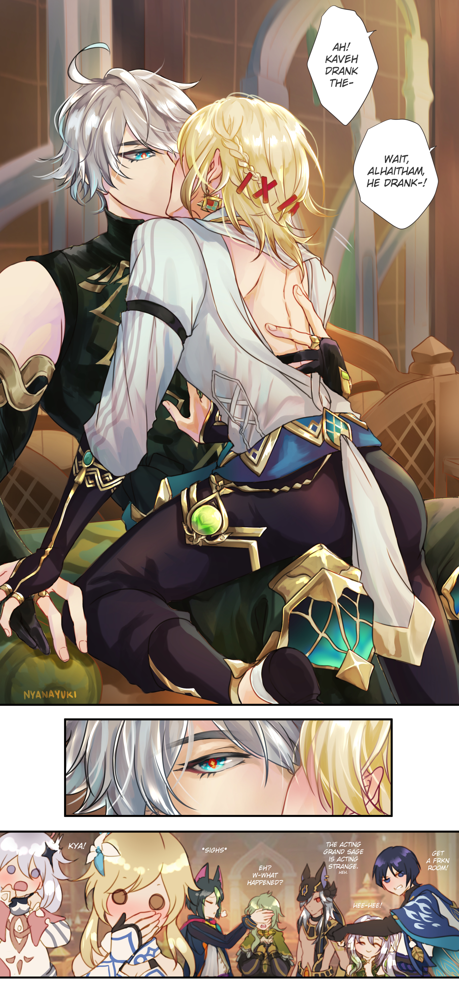 alhaitham (genshin impact), animal ears, blush, closed eyes, collei (genshin impact), comic, covering eyes, covering mouth, cyno (genshin impact), drunk, english text, female, gay, genshin impact, hi res, kaveh (genshin impact), kissing, lumine (genshin impact), male, nahida (genshin impact), nyana, paimon (genshin impact), scaramouche (genshin impact), sitting, sitting on lap, sitting on person, smile, tighnari (genshin impact), yaoi