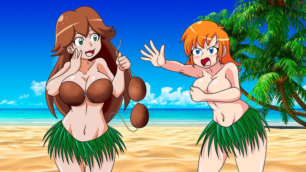 2d 2girls angry assisted_exposure bangs beach blue_eyes blush bra breasts brown_hair coconut_bra covered_nipples covering covering_breasts davidsillo123 day digital_media_(artwork) embarrassed embarrassed_nude_female enf eyelashes female female_only forced_exposure grass_skirt green_eyes hula hula_dancer hula_skirt long_hair monica_(monica_and_veronica) monica_and_veronica navel orange_hair outside palm_tree public public_exposure public_humiliation public_topless sand seaside shoulder_length_hair skirt smile smiling topless veronica_(monica_and_veronica) water