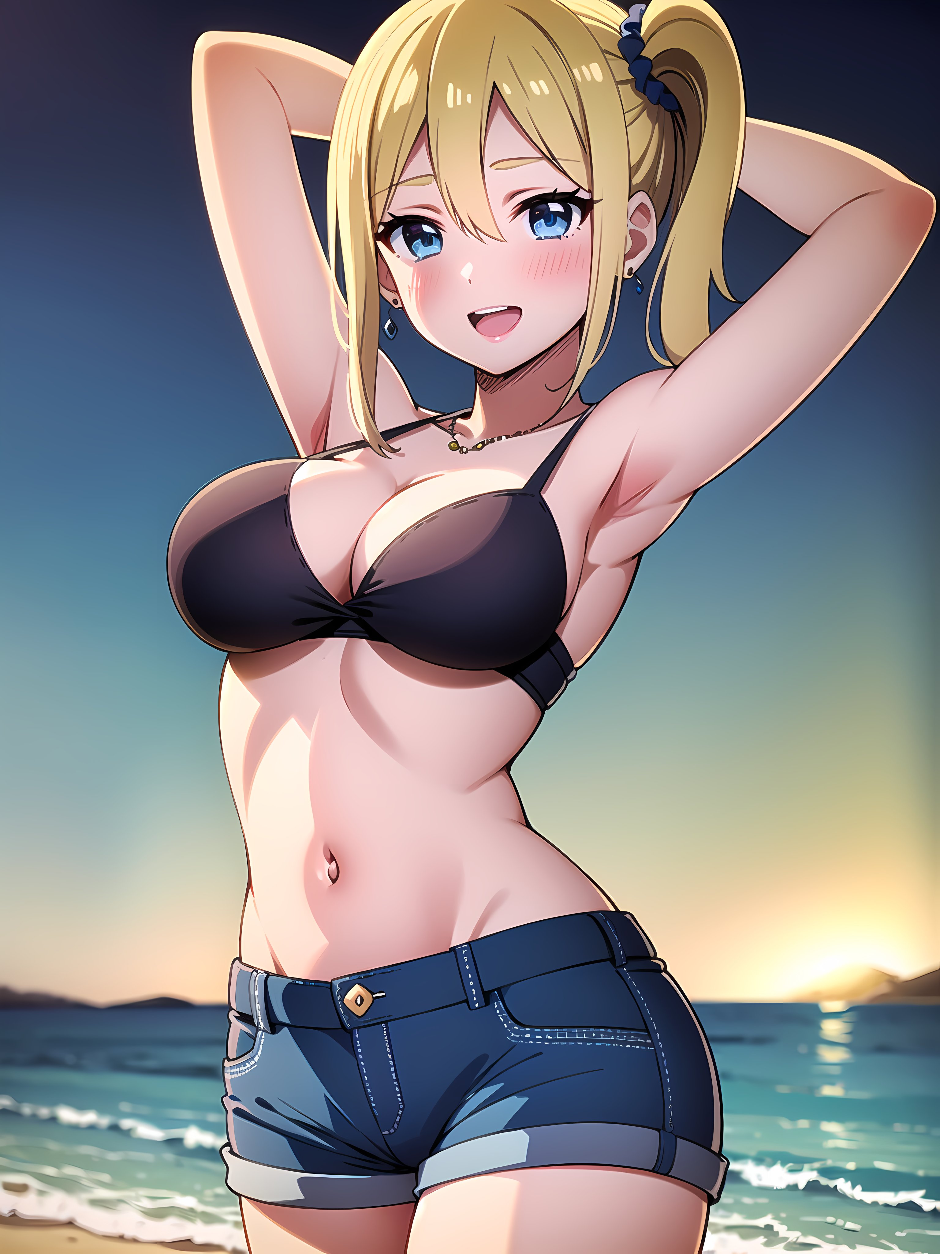 1girls, ai generated, armpits, arms behind head, beach, big breasts, bikini, blonde hair, blue eyes, breasts, busty, cleavage, denim shorts, female, hayasaka ai, hi res, kaguya-sama wa kokurasetai ~tensai-tachi no renai zunousen~, large breasts, legs, long hair, looking at viewer, navel, ocean, pose, posing, sensual, sexy armpits, shorts, side ponytail, smile, thighs, voluptuous, water