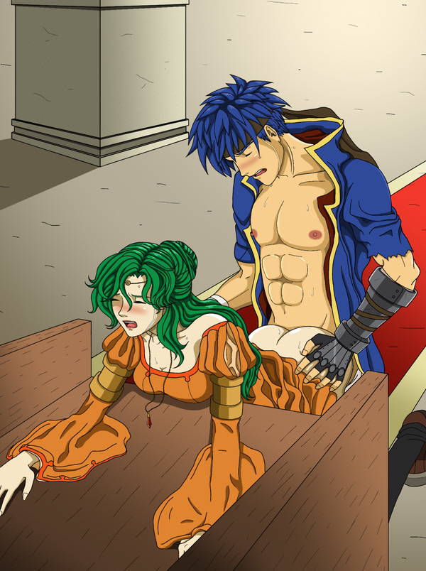 1boy 1girls blue_hair blush doggy_style elincia_ridell_crimea fire_emblem fire_emblem:_path_of_radiance fire_emblem:_radiant_dawn from_behind green_hair hands_on_ass ike_(fire_emblem) mouth_open nataly_(artist) sex source_request straight throne vaginal_penetration