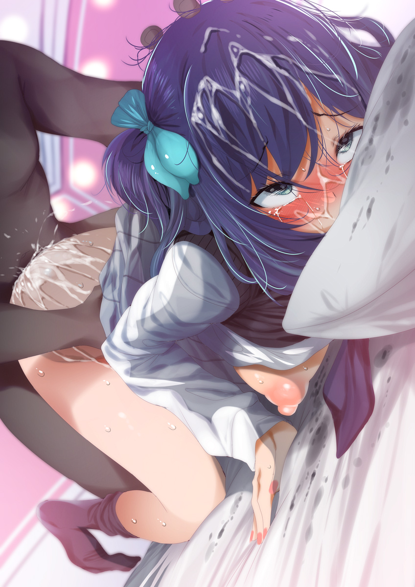 1boy ahe_gao bed blue_hair blush breasts condom_balloon cum cum_on_ass cum_on_face cum_on_hair dark-skinned_male dark_skin doggy_style ejaculation female fumihiko_(pixiv2658856) green_eyes highres kurokawa_akane loose_socks love_hotel medium_breasts oshi_no_ko overflowing_cum pillow purple_hair pushing_down rape sex sex_from_behind skirt socks submissive_female twintails used_condom vaginal_penetration