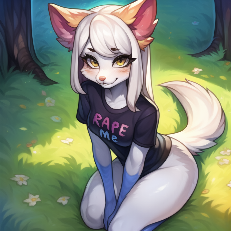 4chan, ai generated, anonymous artist, anthro, asking for it, blush, bottomless, canine, consent, female, furry, instructional clothing, kneeling, looking at viewer, looking up, mammal, smile, solo, stable diffusion, tagme, tail, text on clothing, wanting sex, white fur, yellow eyes