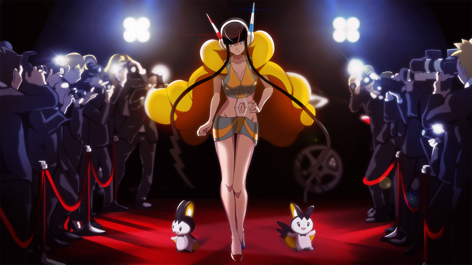 1girls, 2d, 2d (artwork), bangs, black hair, blue eyes, breasts, camera, car, clothing, coat, confident, crowd, crowd watching, elesa (pokemon bw2), elesa (pokemon), emolga, fashion model, female, full body, headphones, heels, human, legs together, light skin, light-skinned female, long hair, long legs, looking at viewer, model, pageantry, pokemon, pokemon (species), pokemon bw, pokemon bw2, public, red carpet, skirt, slender legs, smile, smiling, solo focus, supermodel, thighs, vivivoovoo, walking, wide hips