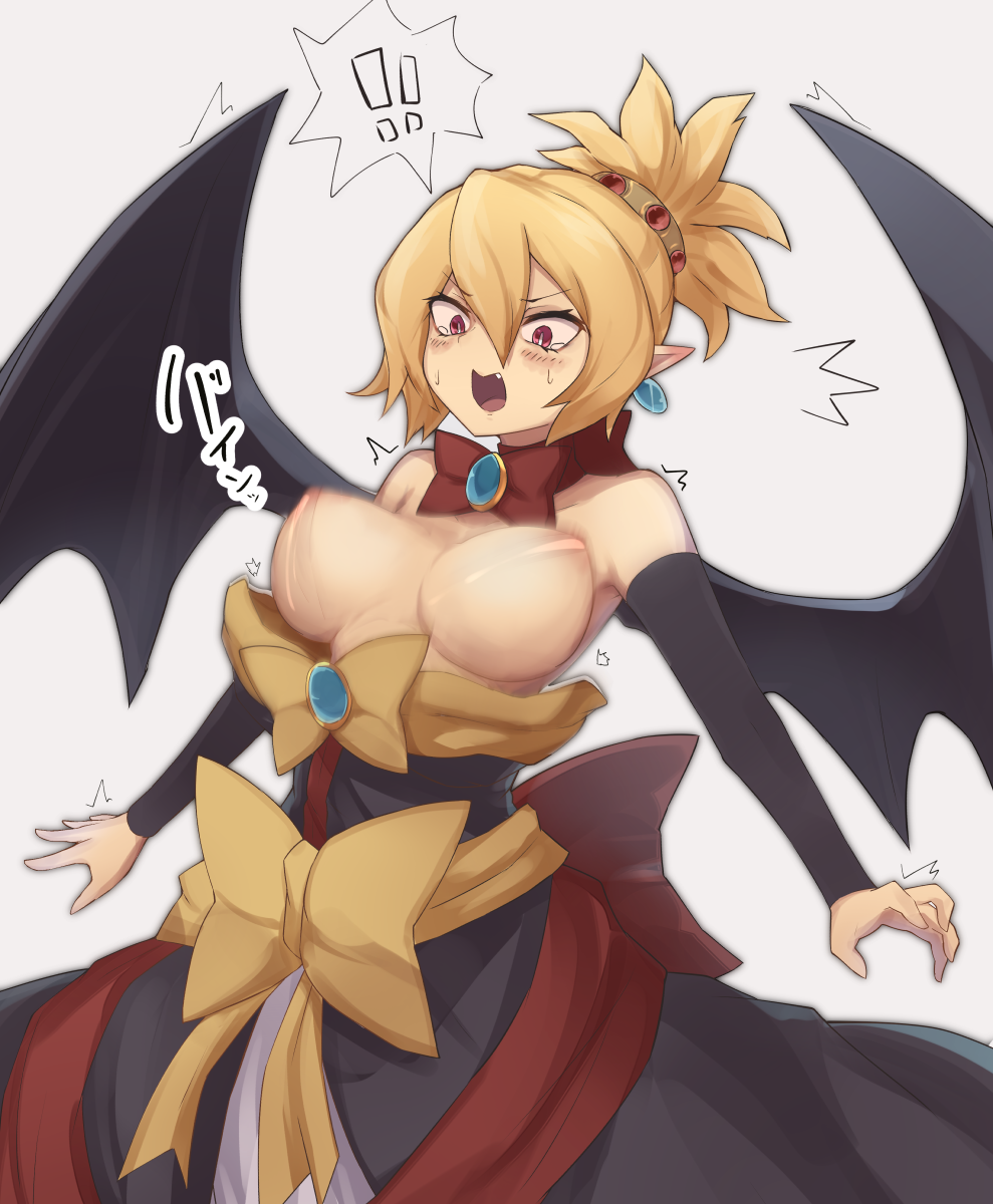 accidental_exposure blush blush breasts demon demon_girl demon_wings disgaea disgaea_2 dress dress_pull embarrassed embarrassed_nude_female enf exposed_breasts female large_breasts nippon_ichi_software nude rozalin wardrobe_malfunction yonaga