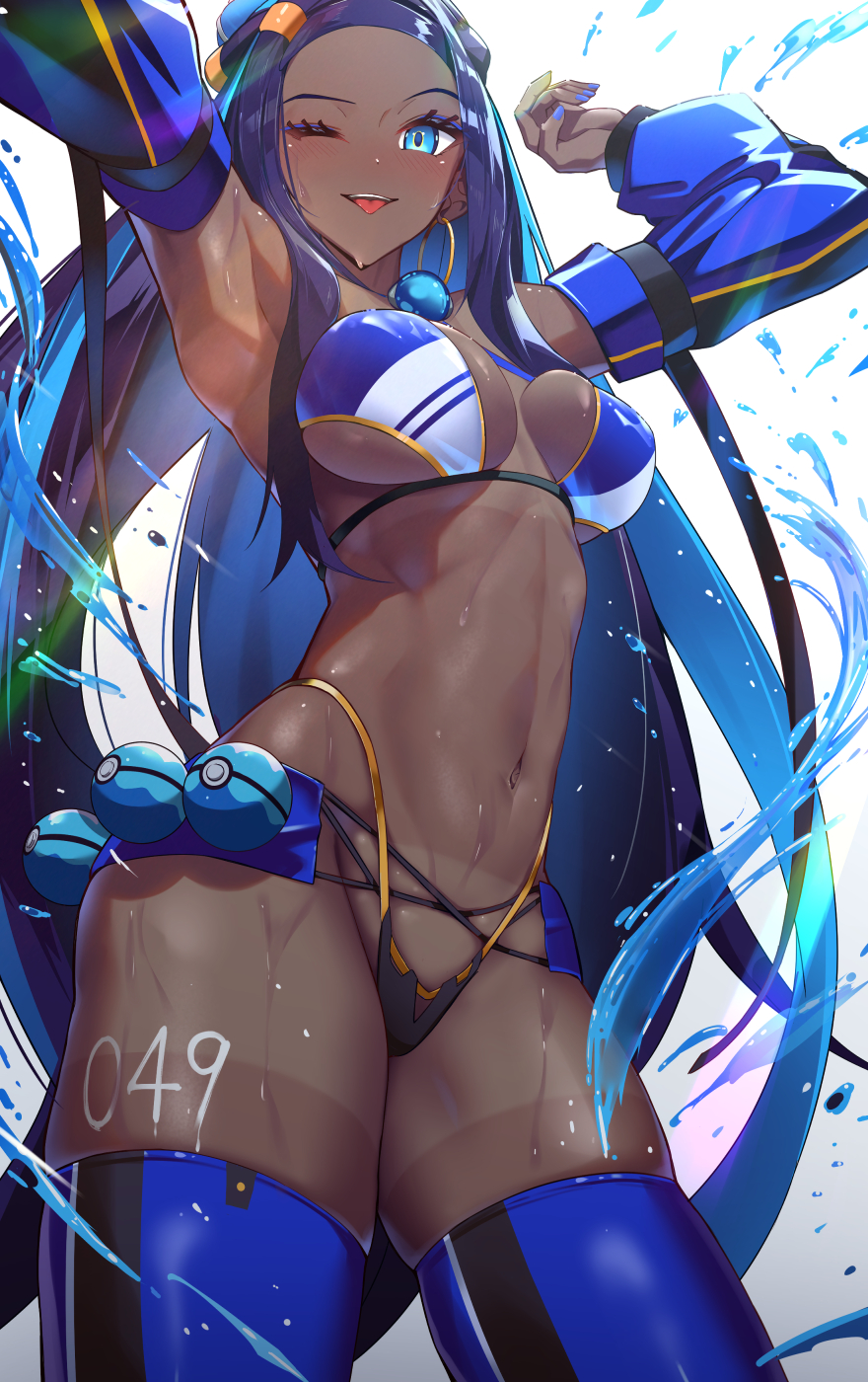 1girls :p alternate_costume armlet armpits bikini black_hair blue_eyes blue_hair blush breasts cleavage cowboy_shot creatures_(company) dark-skinned_female dark_skin detached_sleeves dive_ball earrings female game_freak haska_(user_gure4787) hi_res highleg highleg_bikini highres hoop_earrings jewelry long_hair long_sleeves looking_at_viewer medium_breasts micro_bikini midriff multicolored_hair nail_polish navel nessa_(pokemon) nintendo one_eye_closed poke_ball pokemon pokemon_(game) pokemon_ss revealing_clothes sideboob smile solo standing swimsuit thighhighs thighs toned toned_female tongue tongue_out two-tone_hair underboob very_long_hair water wet wet_body wink