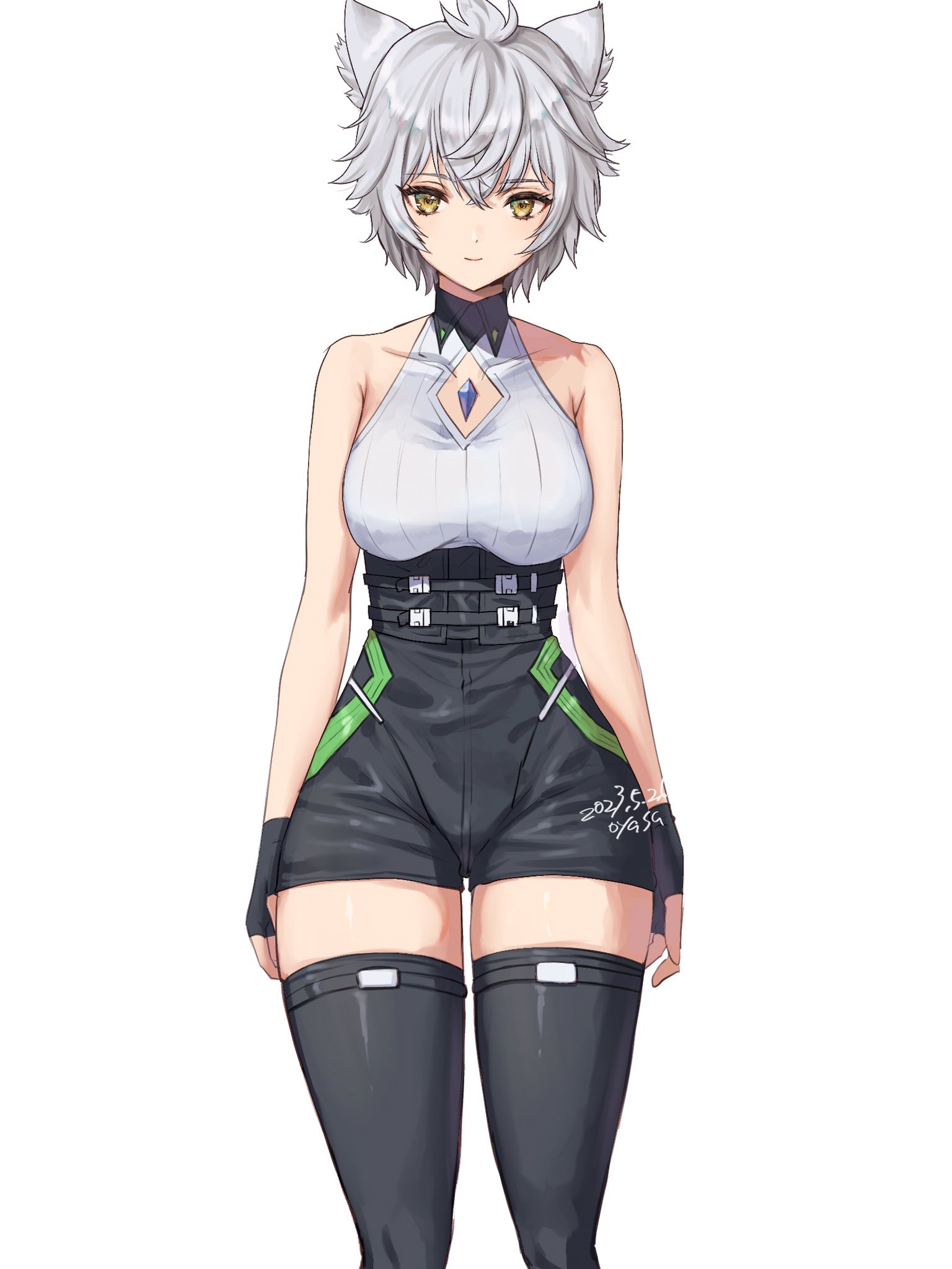 1girls, bare shoulders, black boots, black gloves, black shorts, black thighhighs, boots, breasts, busty, cat ears, catgirl, child bearing hips, clothing, core crystal, curvy, female, female only, fingerless gloves, gloves, highres, hourglass figure, large breasts, latex, latex boots, latex thighhighs, looking at viewer, monolith soft, na'el (xenoblade), nintendo, oyasu (kinakoyamamori), short hair, shorts, silver hair, simple background, smiling, tank top, thick thighs, thigh boots, thighhighs, thighs, voluptuous, white background, white hair, white tank top, wide hips, xenoblade (series), xenoblade chronicles 3, xenoblade chronicles 3: future redeemed, yellow eyes