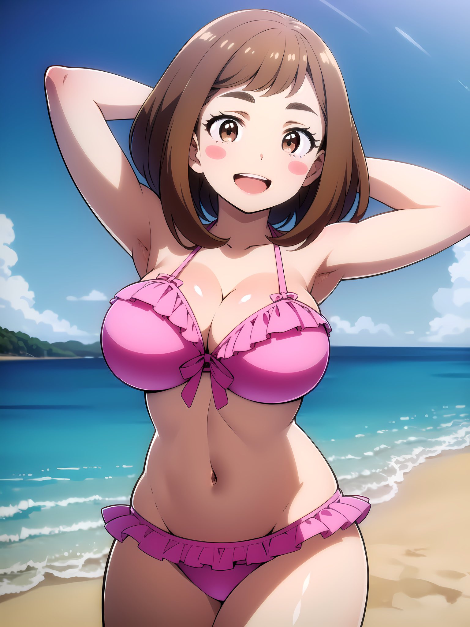 1girls, ai generated, armpits, arms behind head, beach, big breasts, bikini, breasts, brown eyes, brown hair, busty, cleavage, female, female only, hi res, large breasts, legs, looking at viewer, my hero academia, navel, ocean, ochako uraraka, open mouth, pink bikini, pose, posing, sensual, sexy armpits, smile, solo, thighs, voluptuous, water