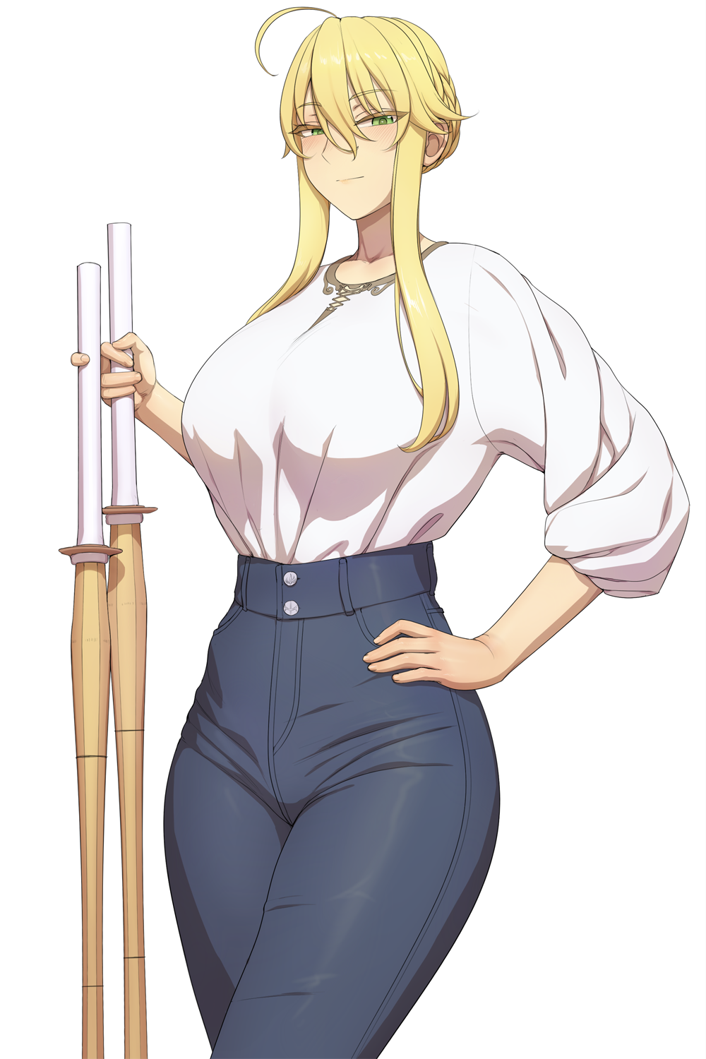 1girls artoria_pendragon artoria_pendragon_(lancer) blonde_hair blue_pants blush breasts curvy denim denim_bottomwear denim_clothing denim_jeans fate/grand_order fate_(series) female female_only fully_clothed green_eyes hair_between_eyes hand_on_hip high-waist_pants high_waisted_bottomwear high_waisted_jeans high_waisted_pants highres hourglass_figure jeans large_breasts long_hair looking_at_viewer lvl_(sentrythe2310) mature_female pants shinai shirt sidelocks simple_background smile solo_focus sword tall_female thick_thighs thighs white_background white_shirt