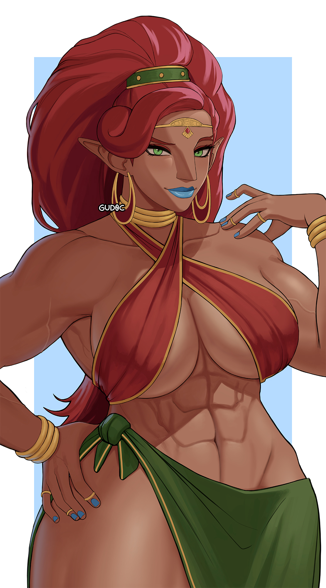 1girls, abs, breasts, breath of the wild, brown skin, dark skin, dark-skinned female, female, gerudo, green eyes, gud0c, hand on hip, hips, huge breasts, lipstick, long hair, muscular, muscular female, nintendo, painted nails, pointy ears, red hair, revealing clothes, rings, the legend of zelda, thick lips, thick thighs, thighs, urbosa, wide hips