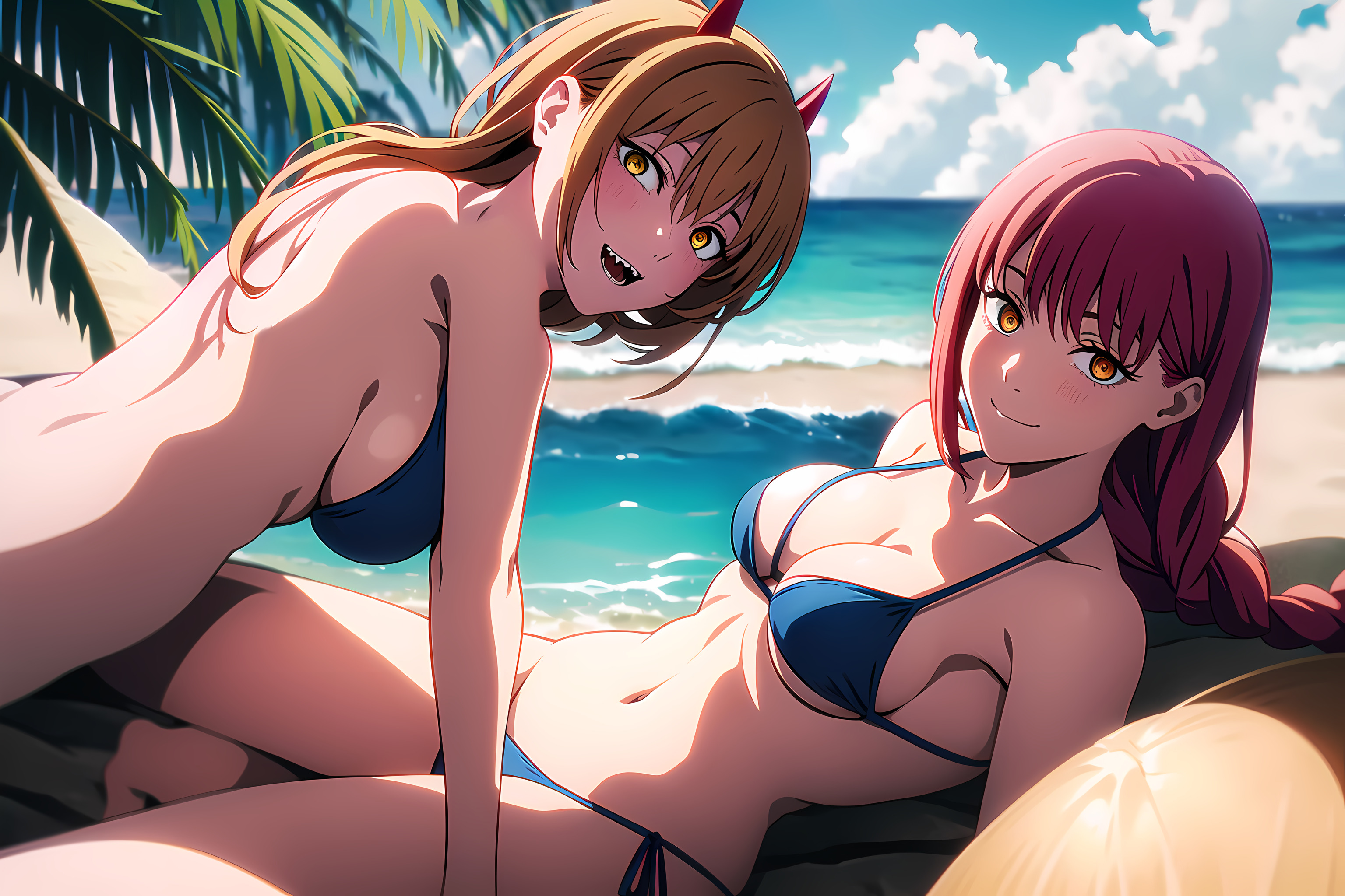2girls, ai generated, beach, bikini, blonde hair, braid, breasts, chainsaw man, female, female only, hi res, horns, looking at viewer, lying, makima (chainsaw man), mappa, medium breasts, nai diffusion, ocean, power (chainsaw man), red hair, sideboob, sky, smile, summer