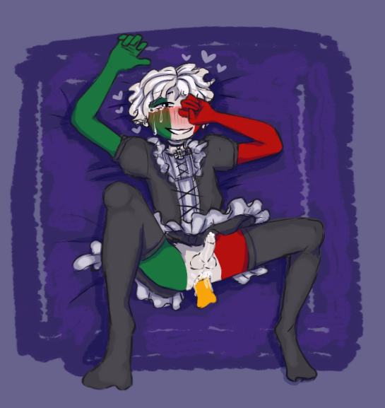 black_eyes blush clothed clothed_sex countryhumans crying crying_with_eyes_open extended_arm gay gay_sex germany_(countryhumans) green_body green_skin hand_on_face hand_on_head hearts hearts_around_head italy_(countryhumans) legs legs_apart lying lying_down lying_on_bed maid maid_dress maid_headdress maid_outfit maid_uniform penetrating_pov penetration red_body red_skin simple_background smiling smiling_at_partner stickman tears tears_of_pleasure violet_background white_body white_hair white_skin