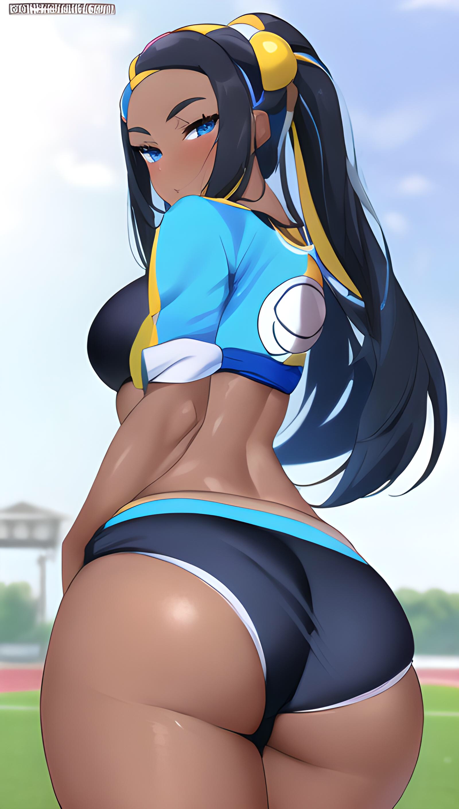 ai generated, ass, big ass, blue eyes, dark skin, dark-skinned female, fat ass, female, nessa (pokemon), pokemon, pokemon ss, shorts, thick thighs