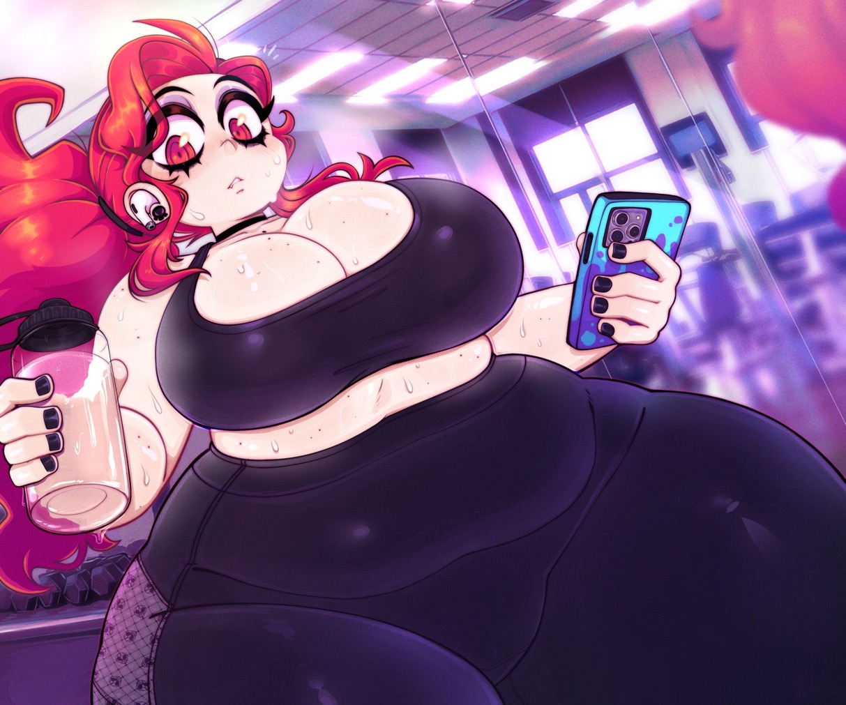 breasts, chubby female, female, looking at viewer, sweatdrop, sweaty, sweaty body, sweaty breasts, toon michaela, toxicsoul77