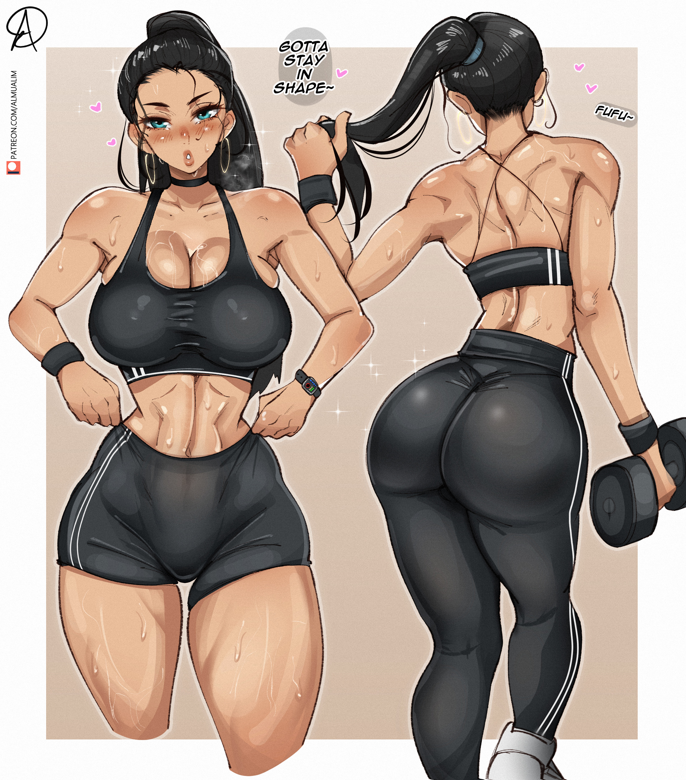 1girls, almualim, ass, black hair, black-haired female, blue eyes, booty shorts, breasts, english text, female, female only, fit, fit female, hi res, huge ass, large breasts, long hair, nico robin, one piece, ponytail, post-timeskip, short shorts, shorts, sports bra, sportswear, sweat, sweaty body, tan, tan-skinned female, tanned skin, yoga pants