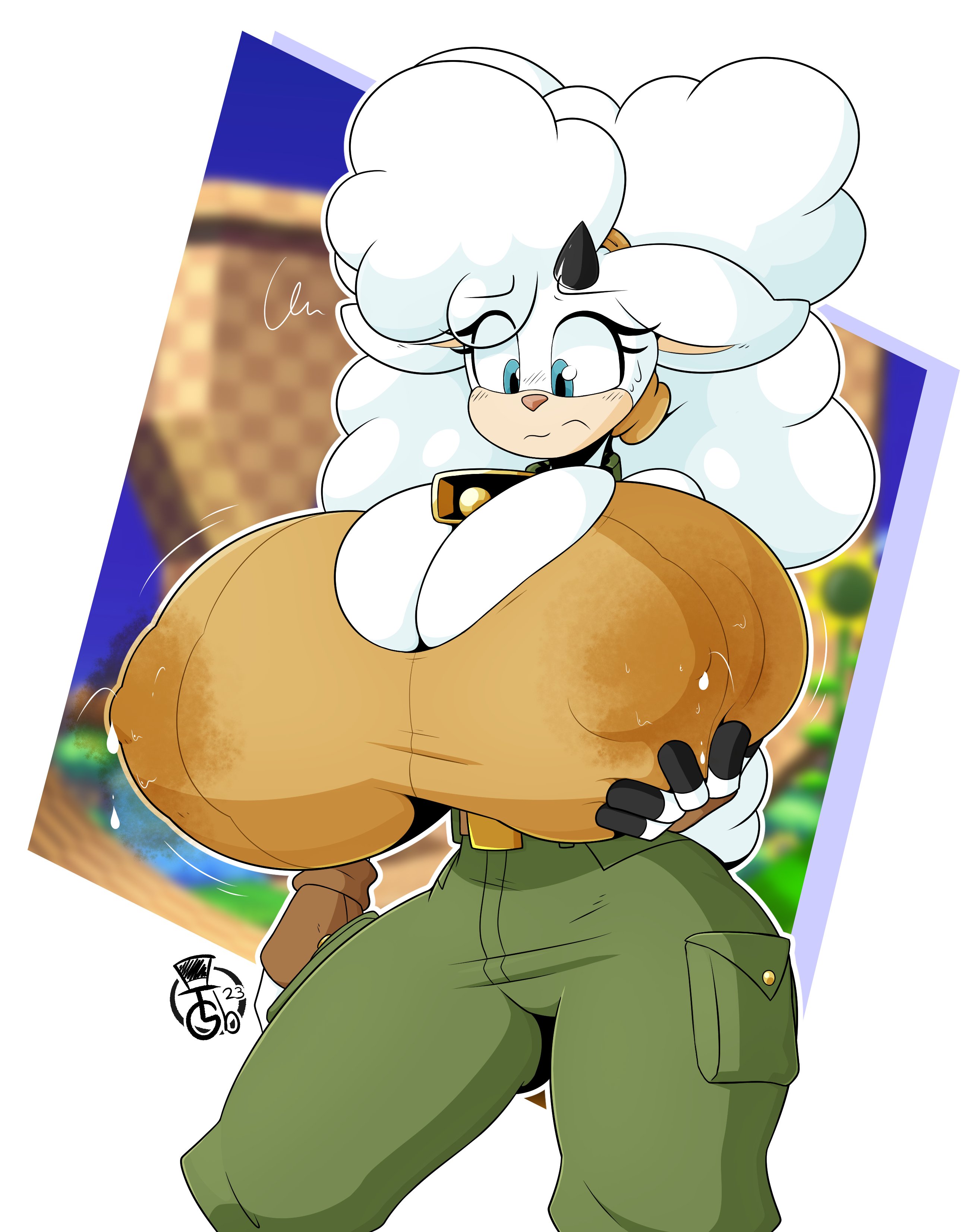 2d, between breasts, big breasts, blue eyes, breasts, breasts bigger than head, clothed, cowbell, female, female only, holding own breast, huge breasts, idw comics, idw publishing, lactating, lactation, lactation through clothes, lanolin the sheep, mobian, mobian (species), mobian sheep, nipples visible through clothing, sega, sheep, sonic (series), sonic the hedgehog (comics), sonic the hedgehog (idw), sonic the hedgehog (series), tagme, thegentlebro, thick thighs, tight clothing, white fur, wide hips, worried