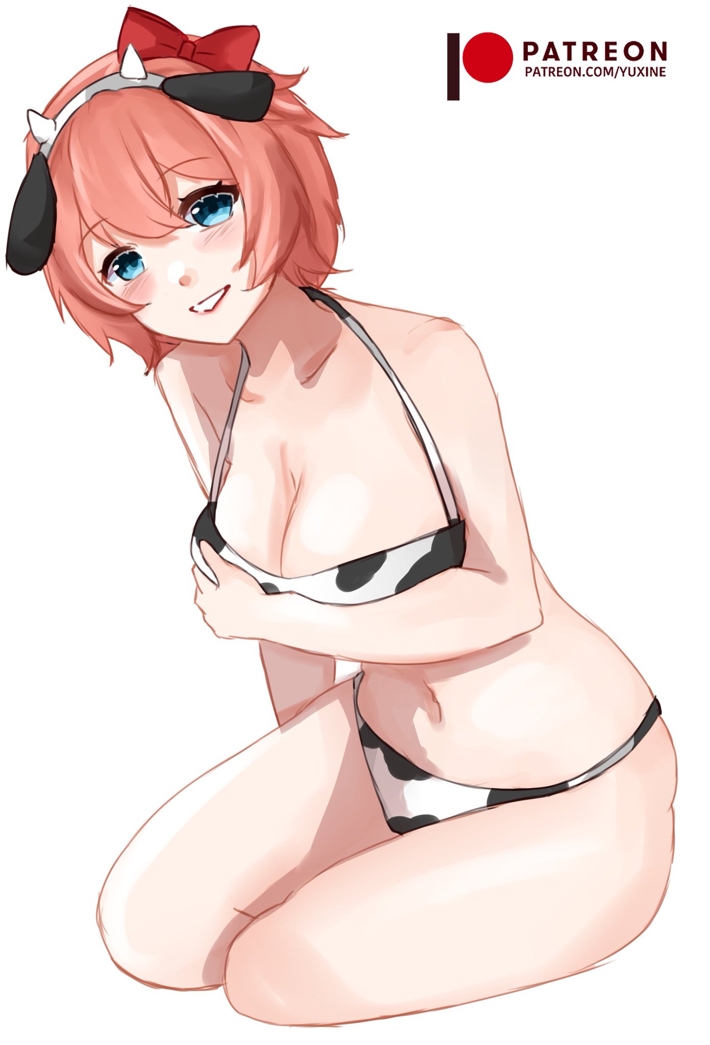 1girls big_breasts bikini bikini_bottom bikini_top blue_eyes blush bow breasts cleavage cow_print cow_print_bikini doki_doki_literature_club female hairbow headband headgear headwear just_sayori navel patreon_logo patreon_url patreon_username red_bow red_hair_bow red_hairbow sayori_(doki_doki_literature_club) strawberry_blonde_hair white_background yuxine