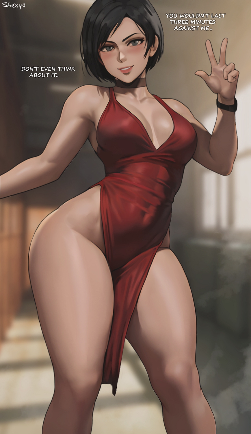 1girls ada_wong ass big_ass big_butt biohazard black_choker black_hair breasts capcom choker dat_ass double_slit_dress dress female high_slit_dress resident_evil resident_evil_4 resident_evil_4_remake resident_evil_remake shexyo short_hair solo tagme thick_thighs