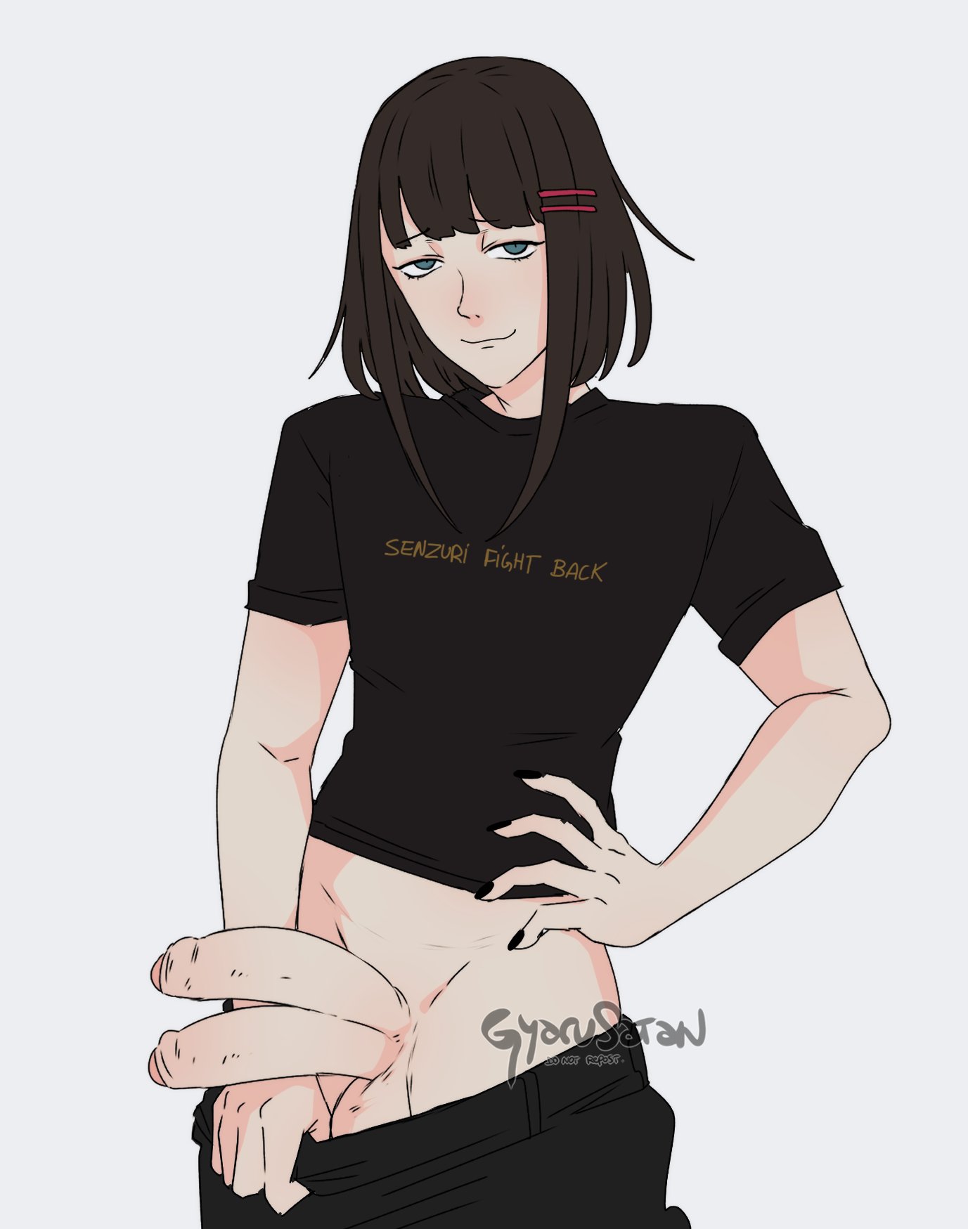 1boy, 2 penises, balls, brown hair, diphallia, diphallism, eden (gyarusatan), foreskin, girly, green eyes, gyarusatan, hairclip, hand on hip, hi res, looking at viewer, male, male only, medium hair, multi genitalia, multi penis, narrowed eyes, original, original character, pants down, pants pulled down, penis, smiling, smiling at viewer, solo, text on clothing, uncircumcised