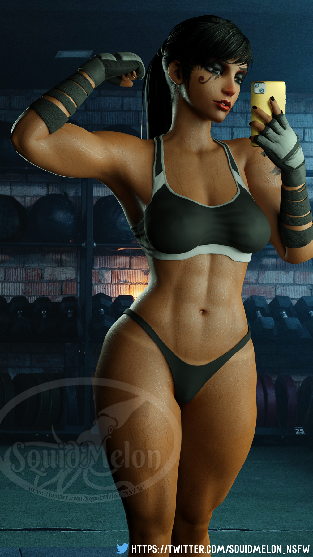 abdomen abdominals abs alternate_version alternate_version_available armpit armpits belly_button big_breasts black_bra black_hair black_nail_polish black_nails blender blender_cycles blizzard_entertainment bra brown_eyes busty clavicle cum_gutters dark_skin egyptian egyptian_female eyeshadow fareeha_amari fit fit_female fitness fitness_model flexing gloves grey_pants gym half-dressed half_naked hips large_breasts lips makeup midriff mirror mirror_selfie muscles muscular muscular_female overwatch overwatch_2 panties pharah phone phone_camera ponytail selfie selfie_pose skin_tight sports_bra sportswear squidmelon strong strong_woman sweat sweating tan_body tanline tanlines tattoo tattoos thick_thighs thong tight_clothes tight_clothing tights weights workout workout_clothes workout_clothing wrapped_arms wrappings