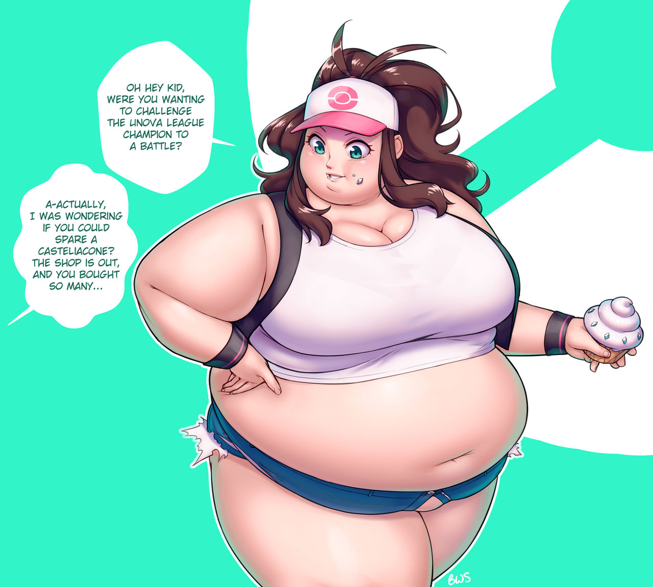 ass, bbw, belly, better with salt, big ass, big belly, big breasts, blush, breasts, chubby, chubby cheeks, chubby female, cupcake, curvy, dialogue, eating, fat, fat ass, fat belly, fat butt, fat female, fat thighs, female, food, hilda (pokemon), huge ass, huge belly, huge breasts, huge thighs, hyper belly, hyper breasts, large ass, large belly, large breasts, large thighs, morbidly obese, morbidly obese female, obese, obese female, overweight, overweight female, pokemon, speech bubble, ssbbw, text, thick arms, thick thighs, tight clothing
