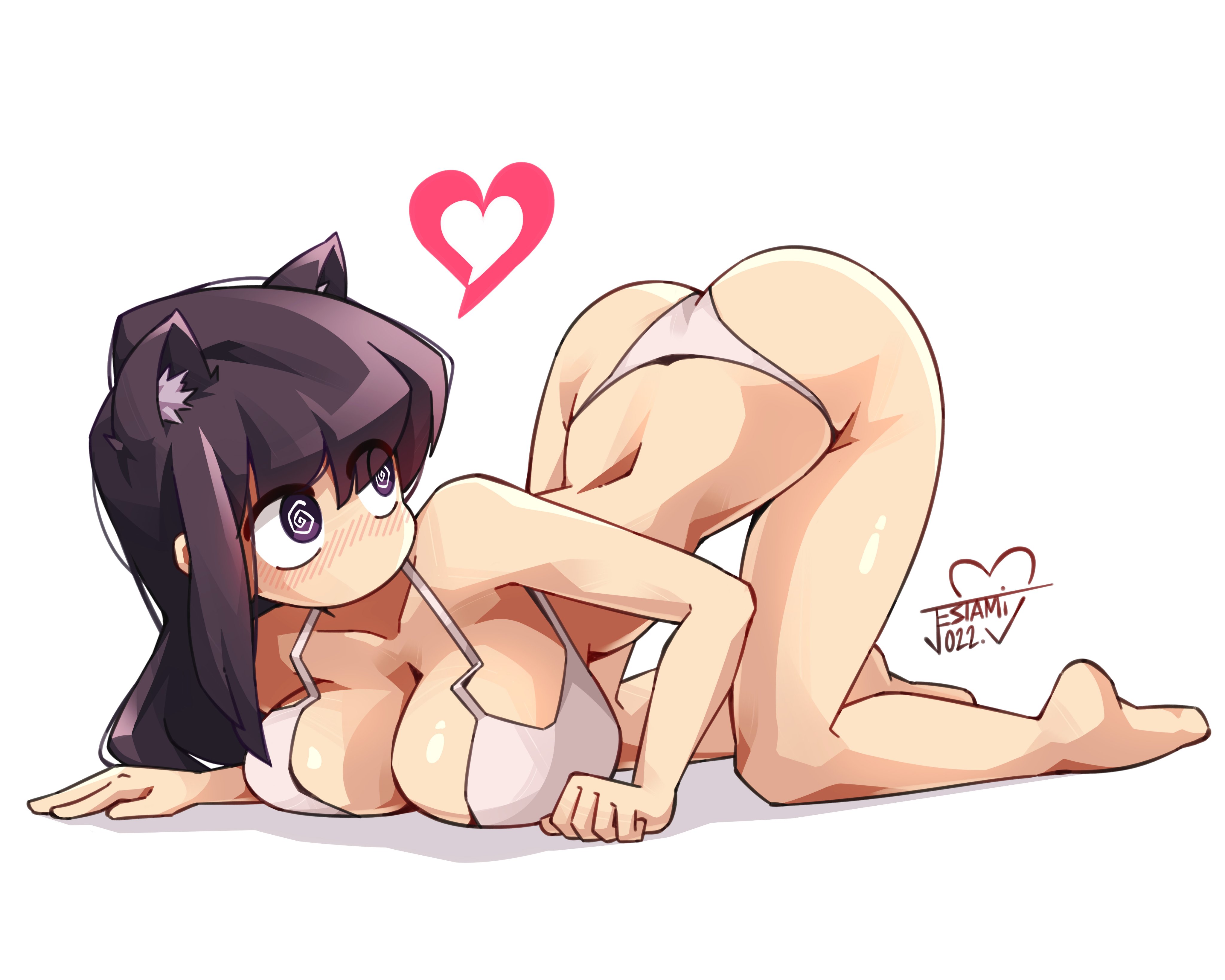 1girls, 2d, all fours, ass, ass up, big breasts, black hair, blush, bra, breasts, cat ears, cleavage, female, heart, hi res, jestami, komi shouko, komi-san wa komyushou desu, long hair, looking back, no mouth, no nose, panties, solo, spiral eyes, swirly eyes, underwear, white background