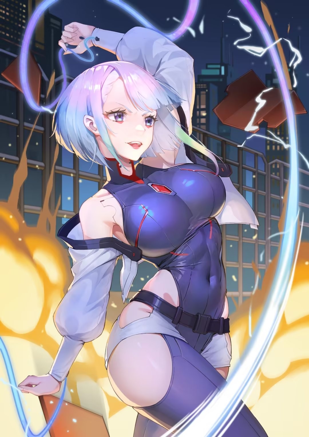 1girls, ass, big ass, big breasts, breasts, cd projekt red, cybernetics, cyberpunk 2077, cyberpunk: edgerunners, cyborg, female, female only, latex, leotard, light skin, light-skinned female, lucyna kushinada, monowire, skindentation, studio trigger, tight clothing, yamashita toshinari