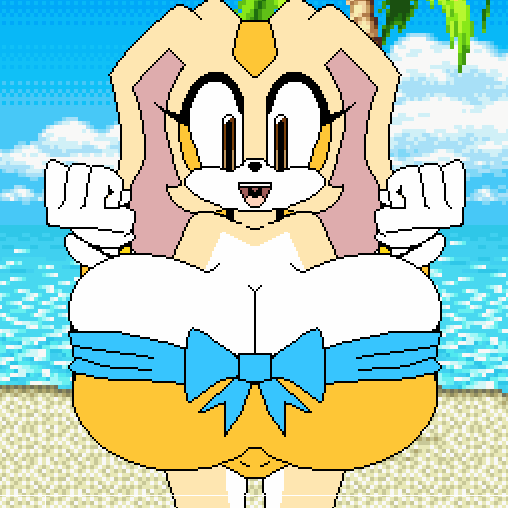 :), alternate version available, animated, beach, bikini, bouncing breasts, breasts, cleavage, cream the rabbit, female, female focus, female only, huge breasts, long ears, long eyelashes, low quality, no nipples, pixel animation, pixel art, rabbit, sega, solo female, sonic (series), sonic advance 2, subjectdie (artist), top heavy, white gloves, young