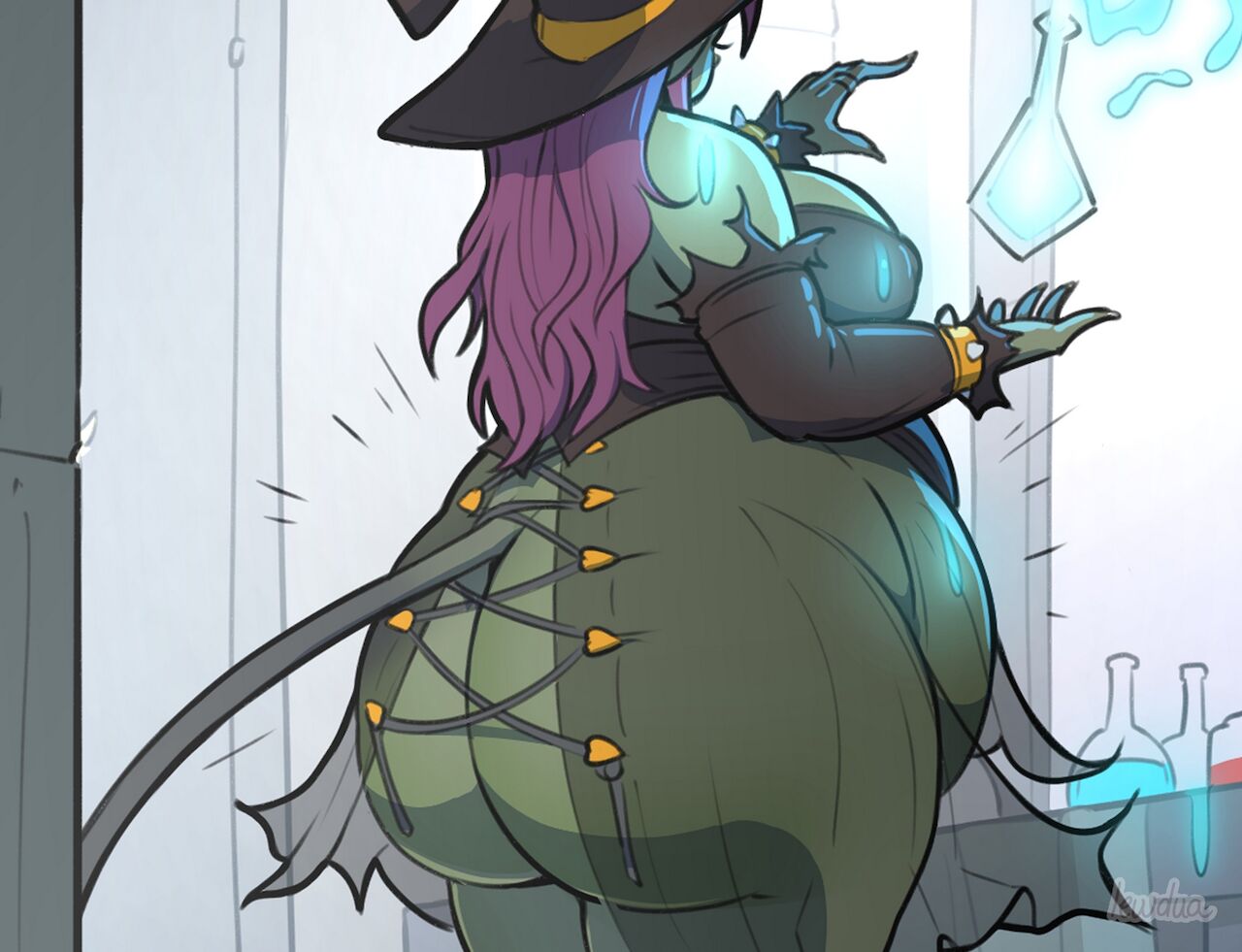 1girls big_ass big_butt female female_only green_skin lewdua mostly_nude solo tagme witch witch_hat