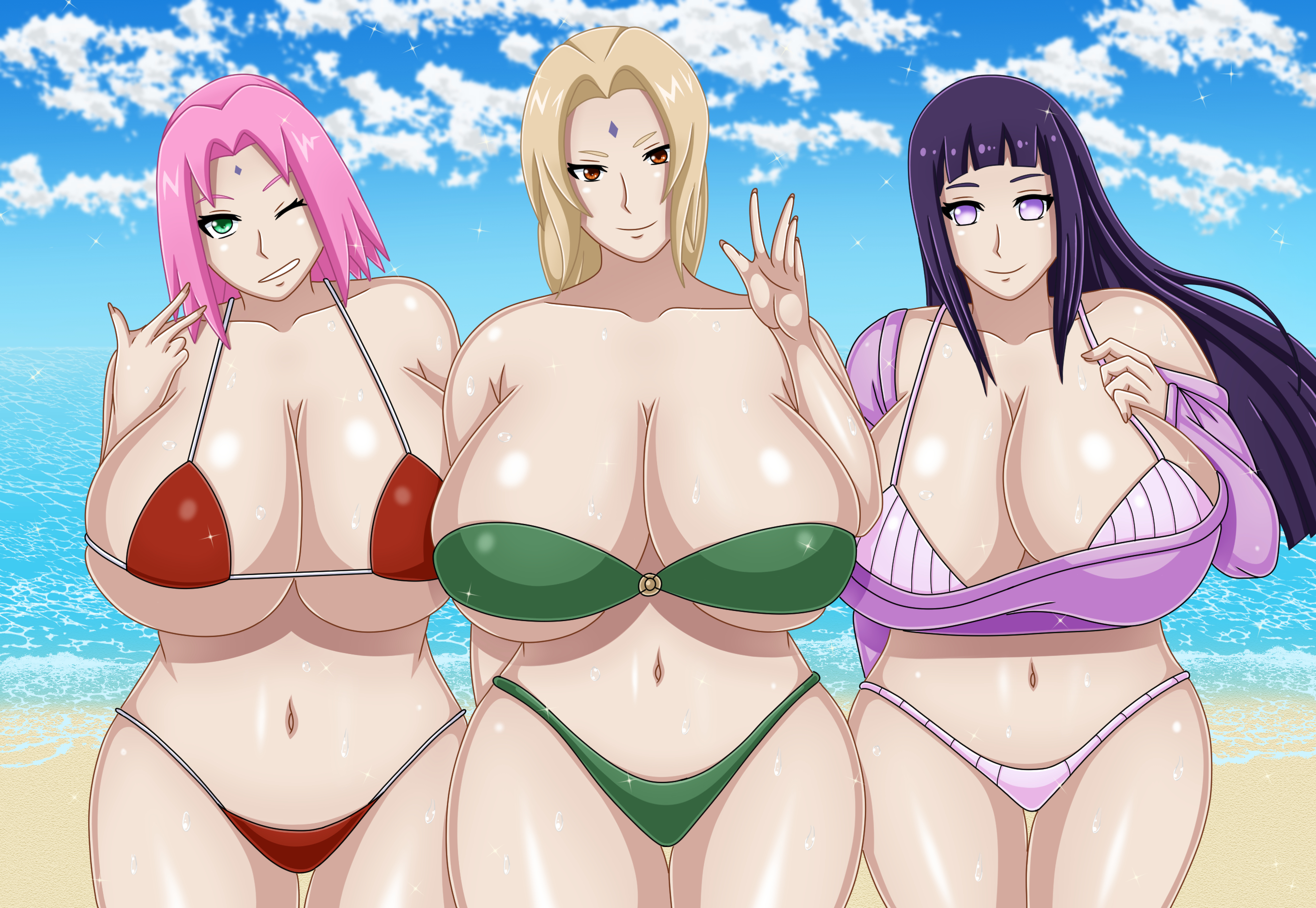 3girls, alternate breast size, beach, big breasts, bikini, bikini bottom, bikini top, blonde hair, breasts, brown eyes, cleavage, coresix, female, female only, forehead jewel, green bikini, green eyes, hair, haruno sakura, huge breasts, hyuuga hinata, large breasts, mature, mature female, milf, multiple females, multiple girls, naruto, naruto (series), one eye closed, pink hair, purple eyes, purple hair, red bikini, sakura haruno, swimwear, tsunade, white bikini, wink