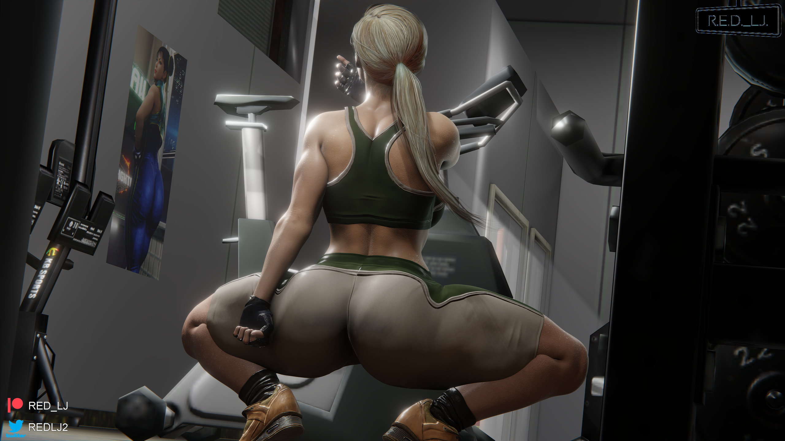 1girls, 3d, alternate version available, blender (software), cassie cage, female, female only, fully clothed, gloves, gym, gym uniform, mortal kombat, mortal kombat 11, muscles, patreon username, red lj, solo, tied hair, twitter username, yellow hair